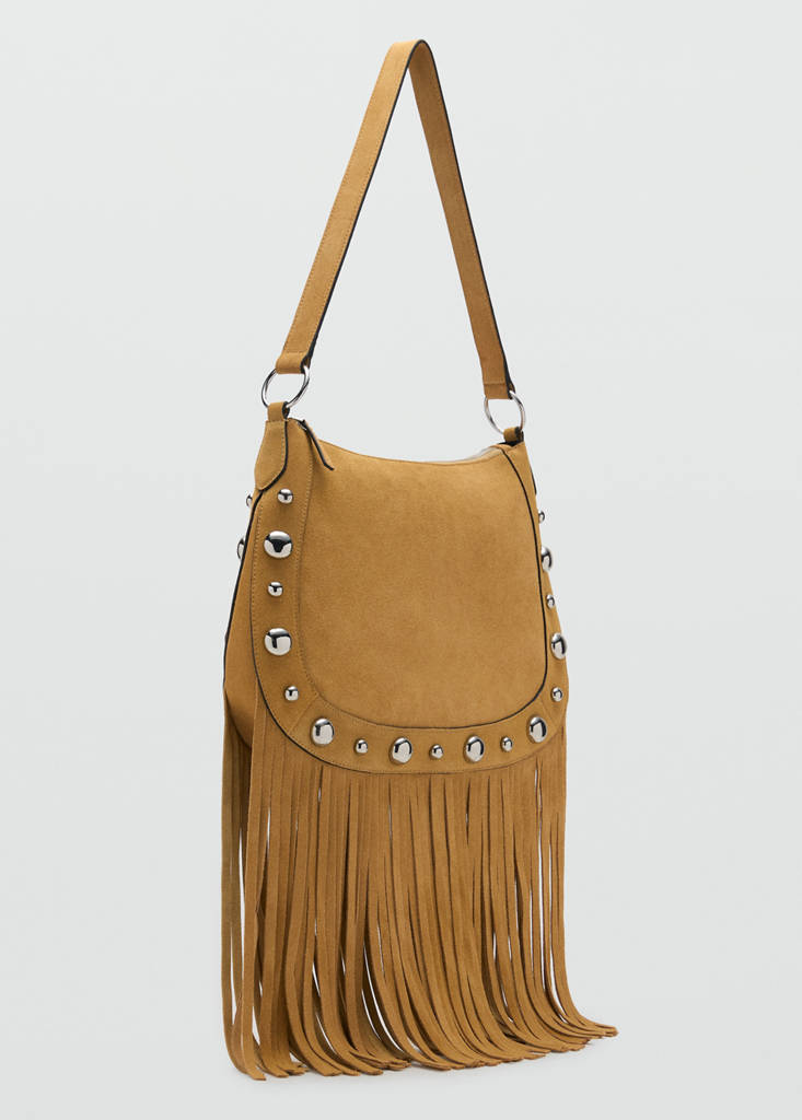 Suede bag with fringes and stud details — Mustard