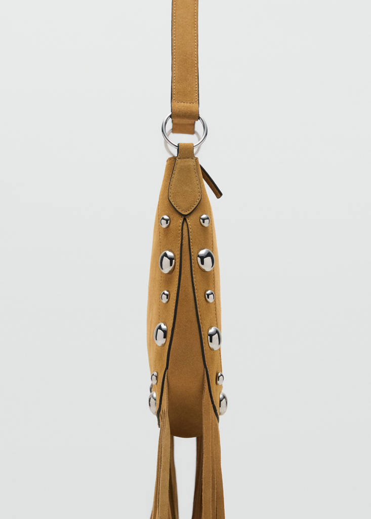 Suede bag with fringes and stud details — Mustard