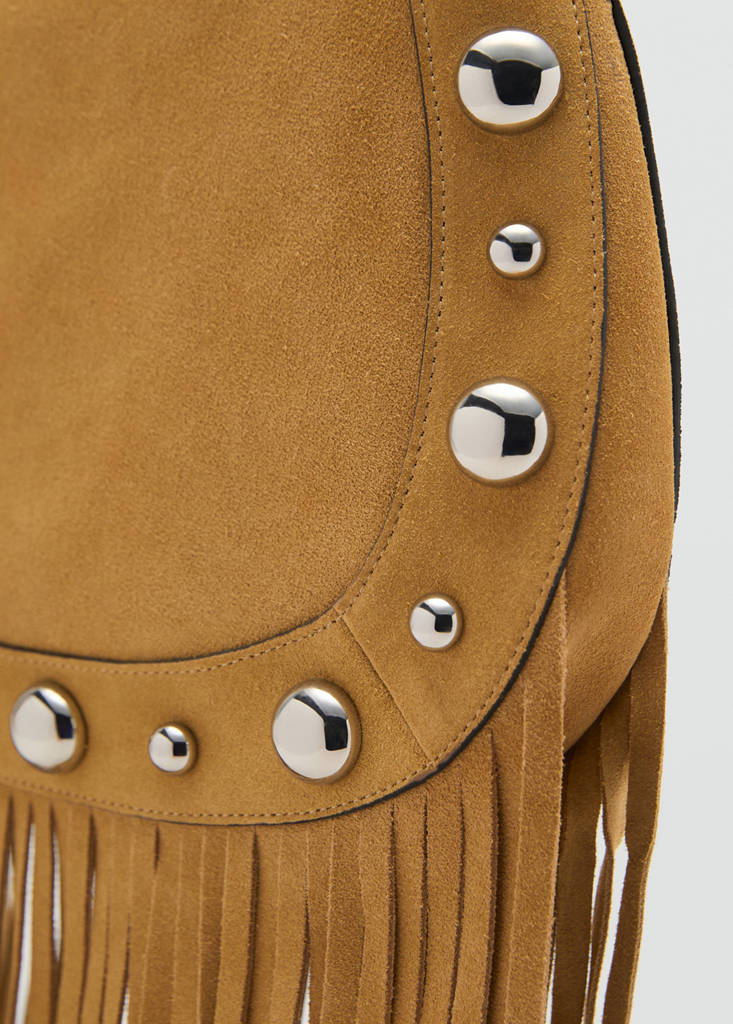 Suede bag with fringes and stud details — Mustard