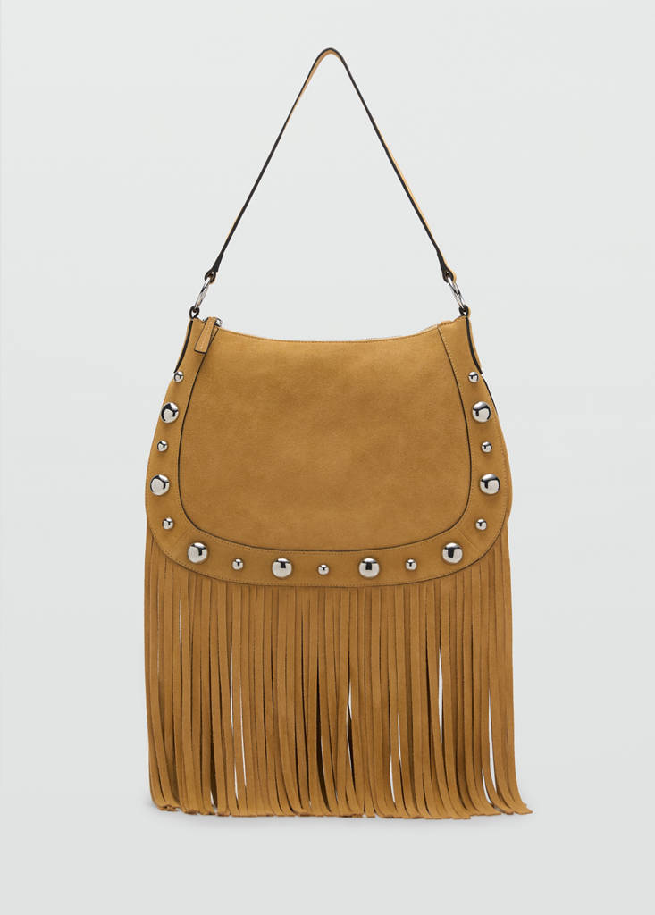 Suede bag with fringes and stud details — Mustard