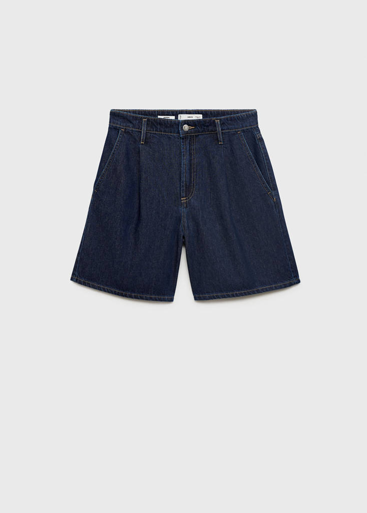 Mid-rise denim bermuda shorts with pleats — Open Blue