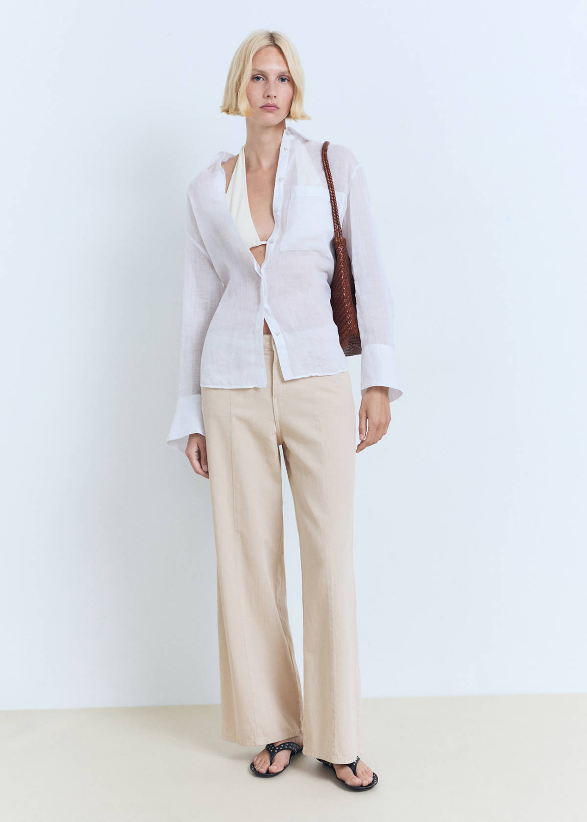 Straight-fit mid-rise denim trousers — Sand