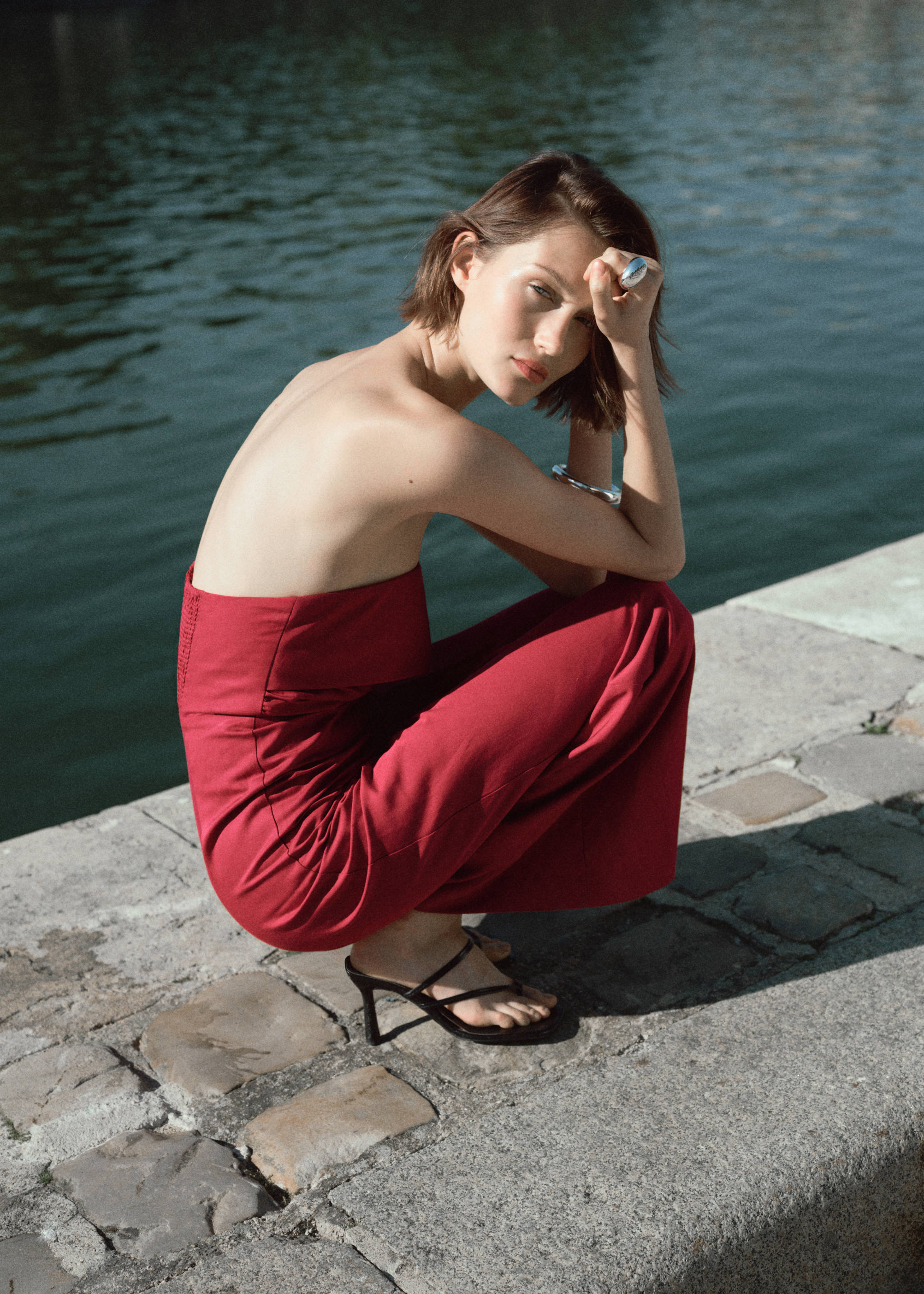 Linen-blend strapless jumpsuit - Details of the article 3, Dark Orange. Ref: 17041210-00.