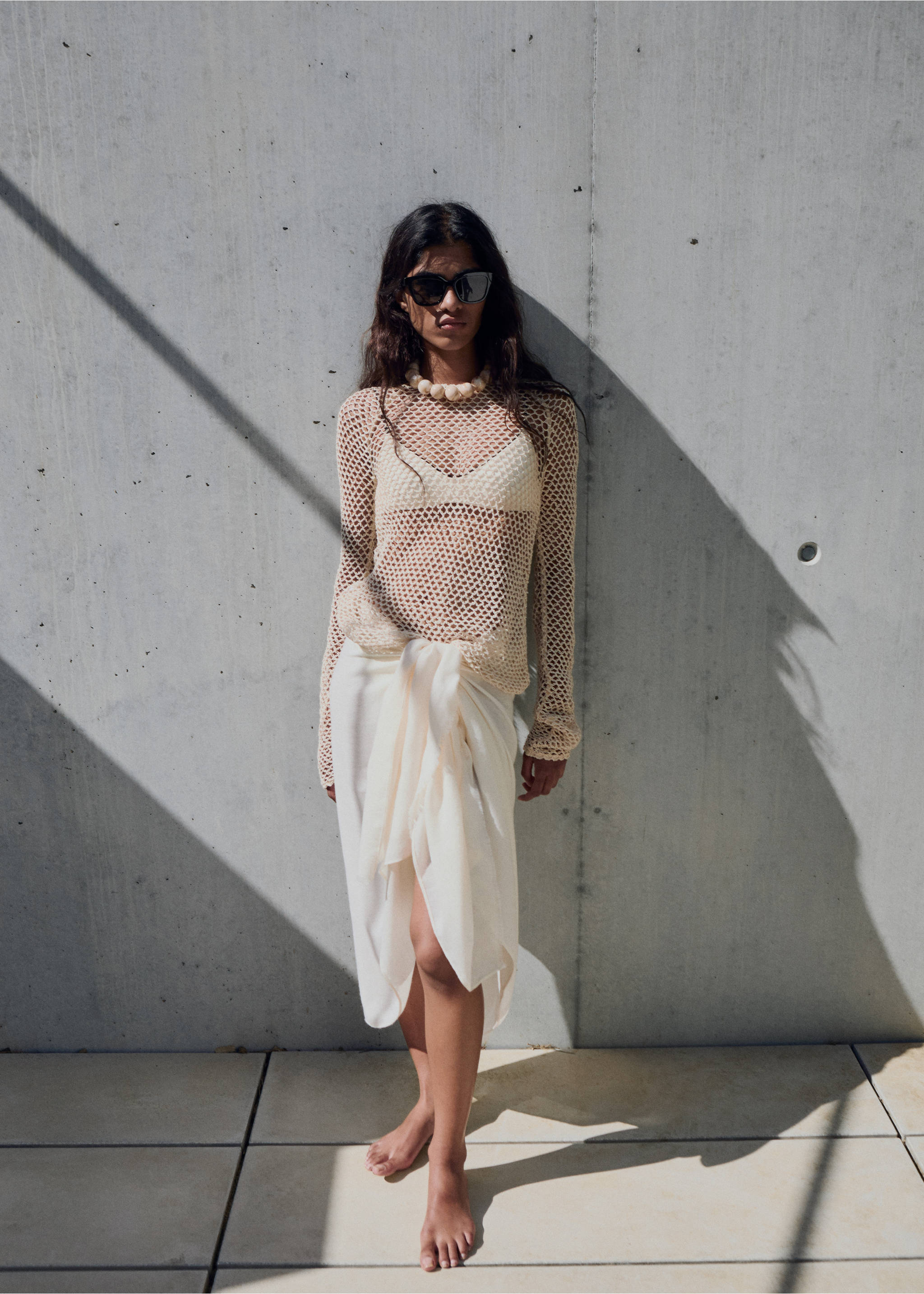 Pull crochet manches longues - Plan général, Écru. Ref: 17041220-00.