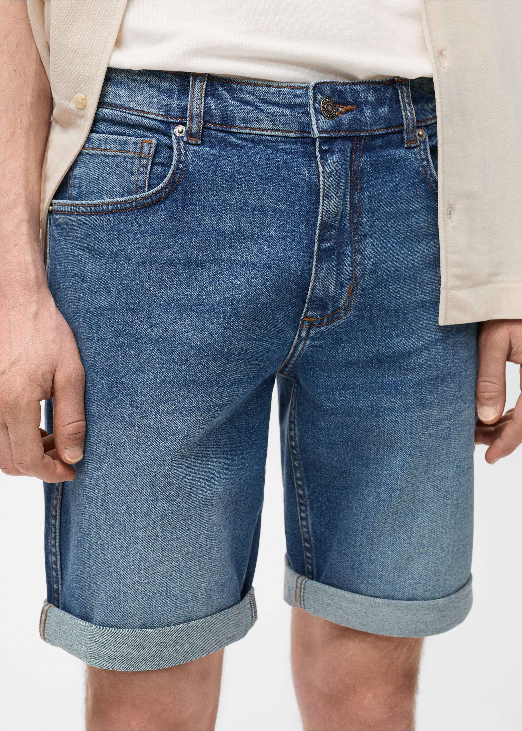 Slim-fit denim bermuda shorts - Details of the article 1, Dark Blue. Ref: 17041222-00.