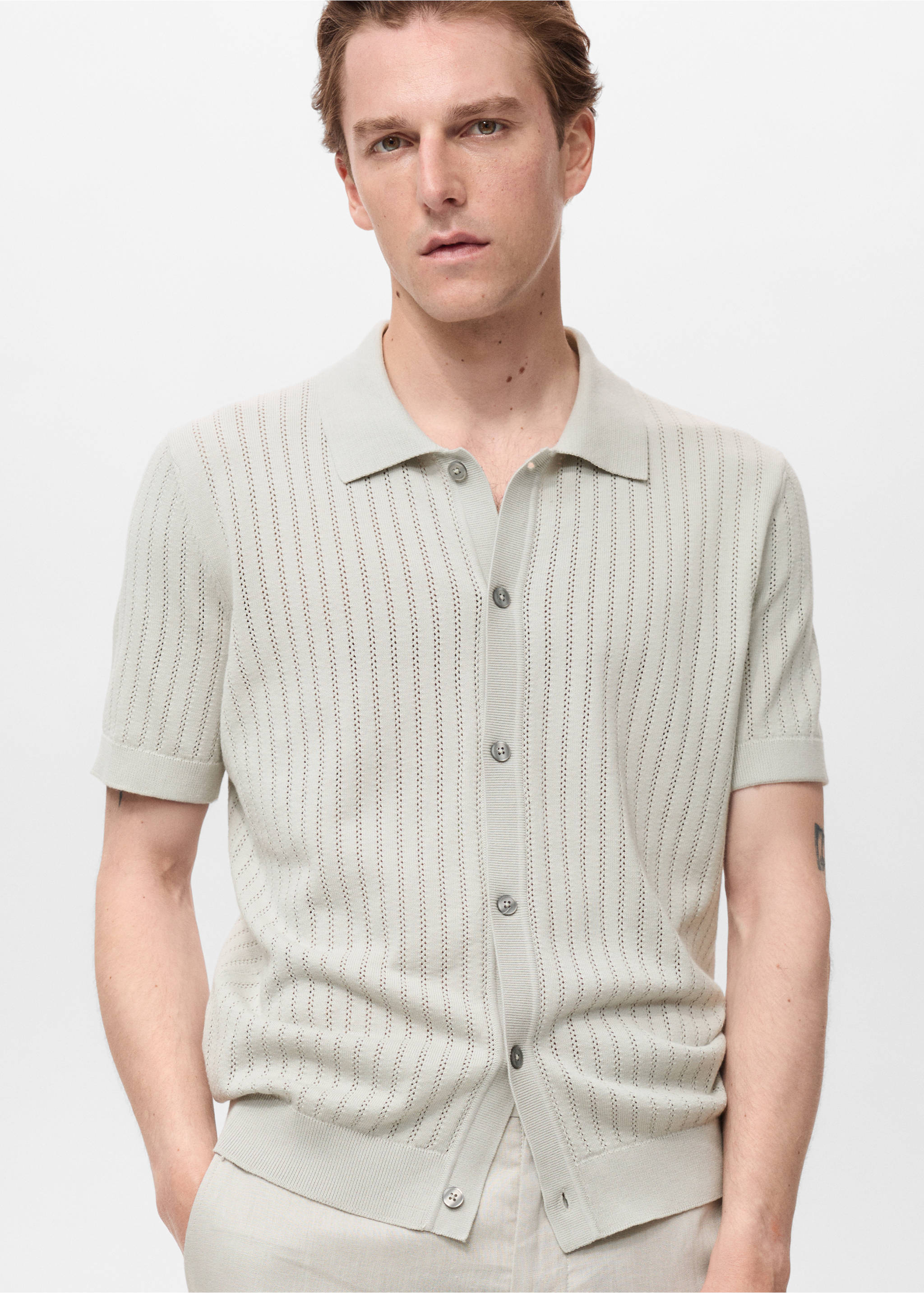 Cotton blouse with lace detail - Medium plane, Ice Grey. Ref: 17041243-00.
