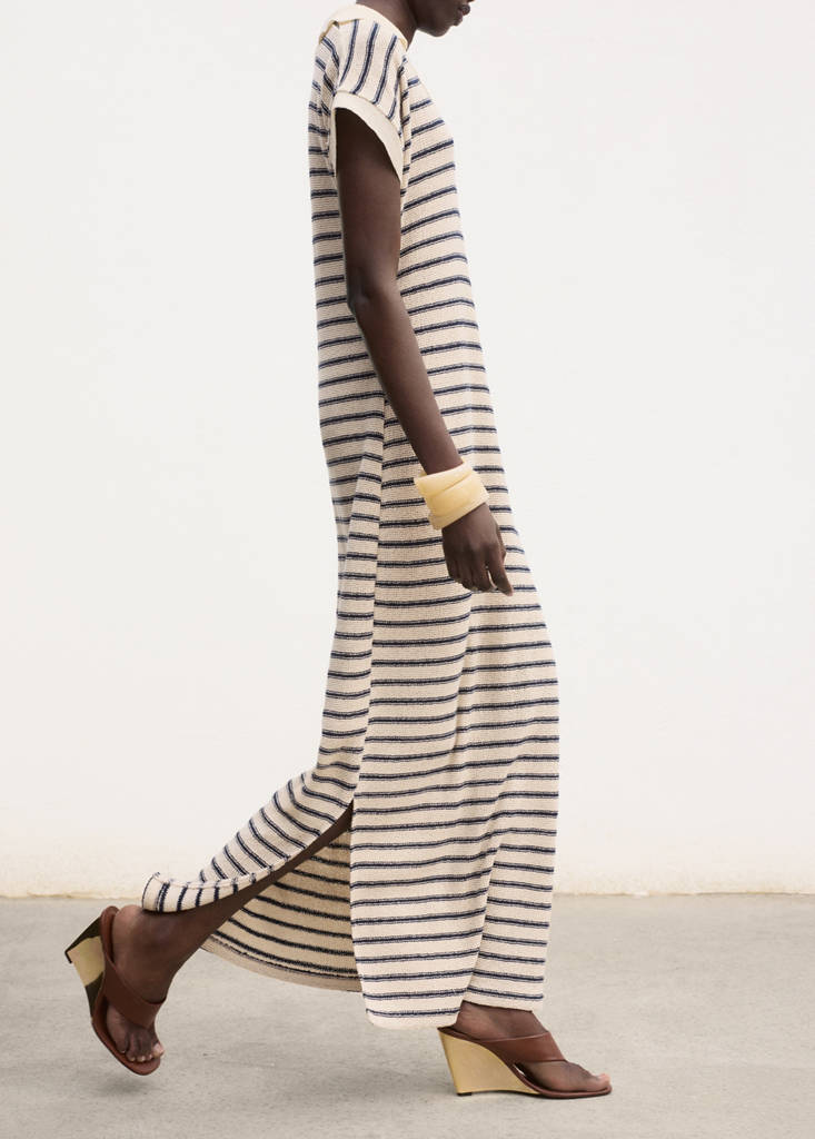 Long striped knitted dress — Navy