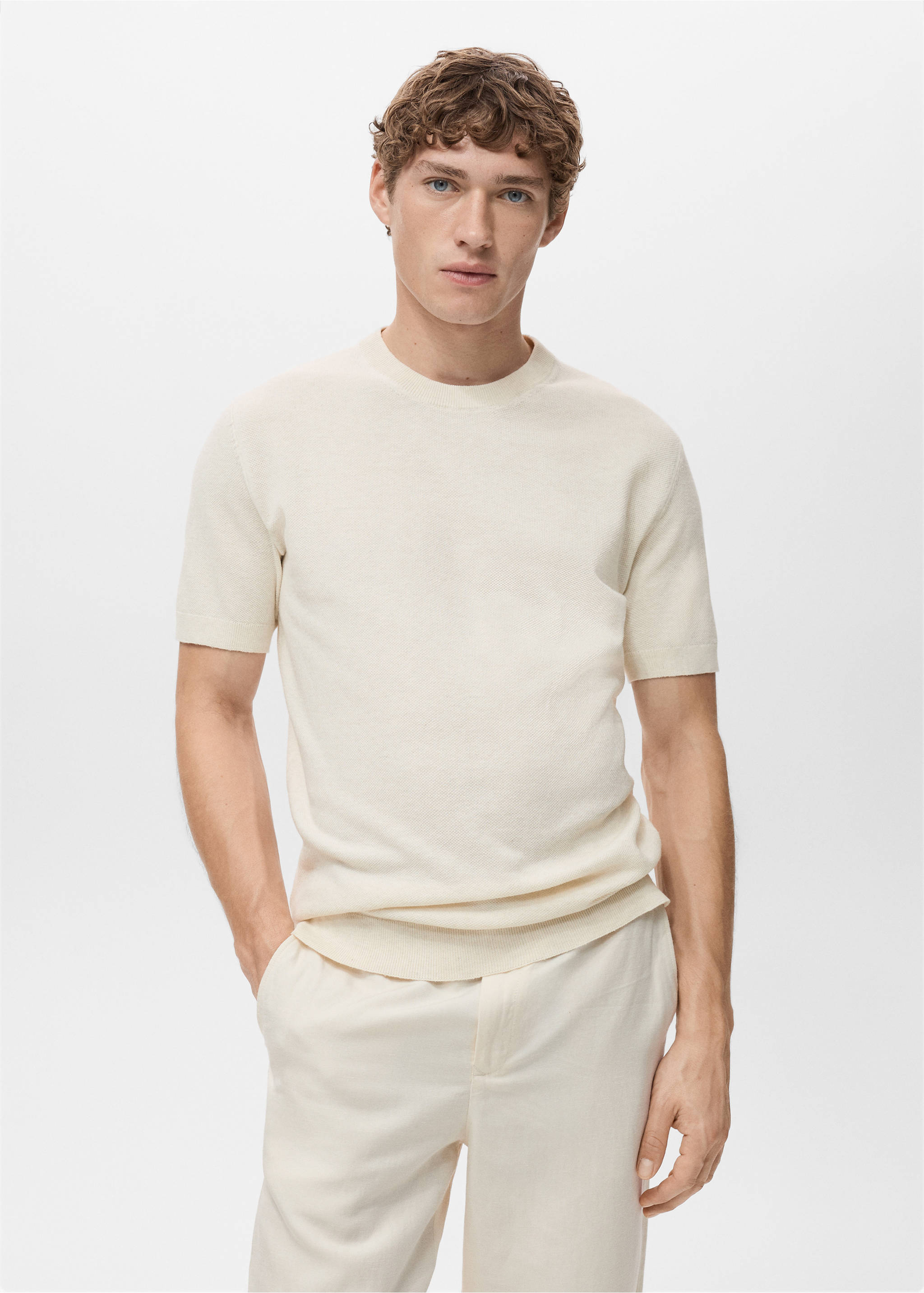 Camiseta punto fino algodón - Plano medio, Blanco marfil. Ref: 17041247-00.