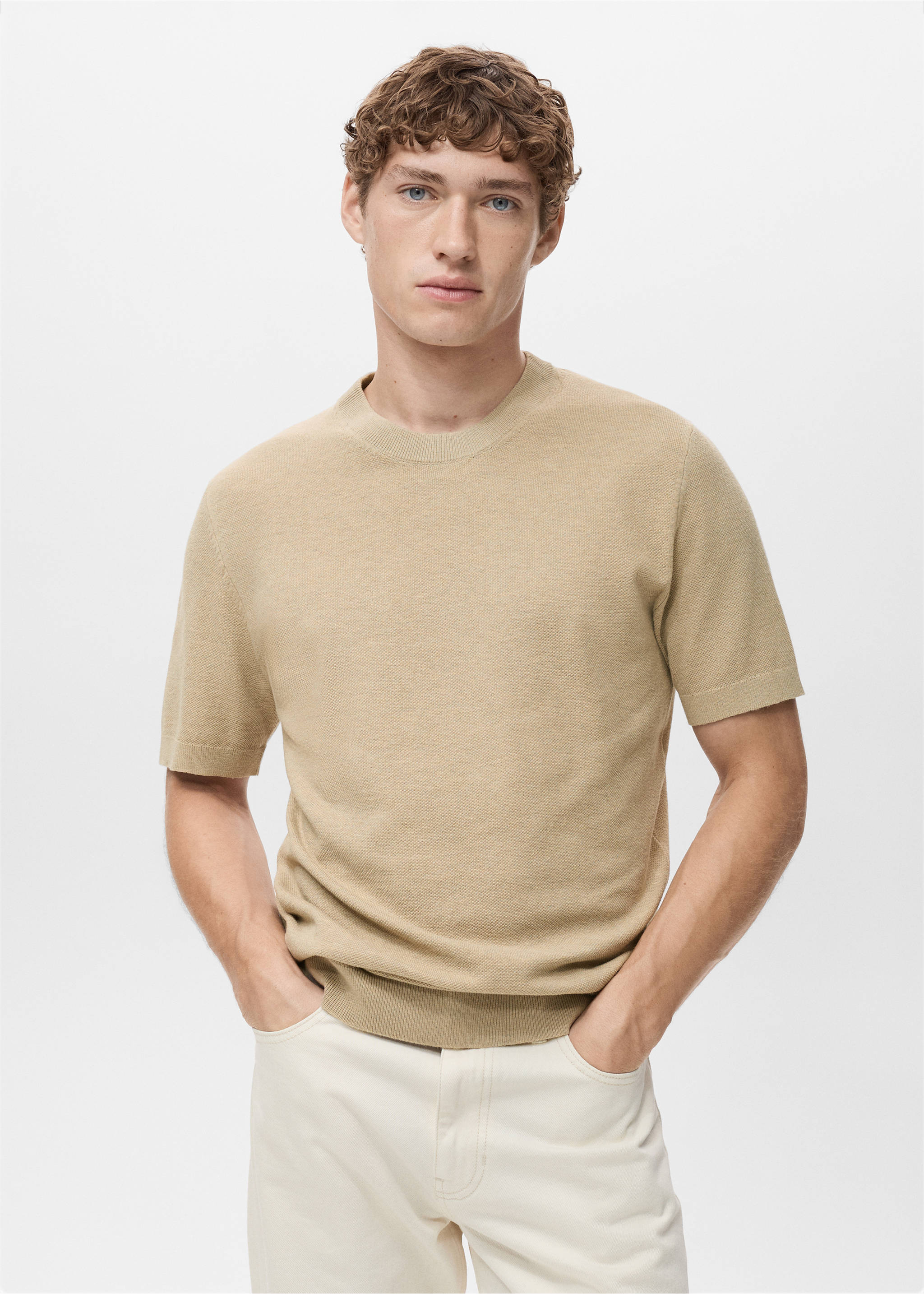 Camiseta punto fino algodón - Plano medio, Beige. Ref: 17041247-00.
