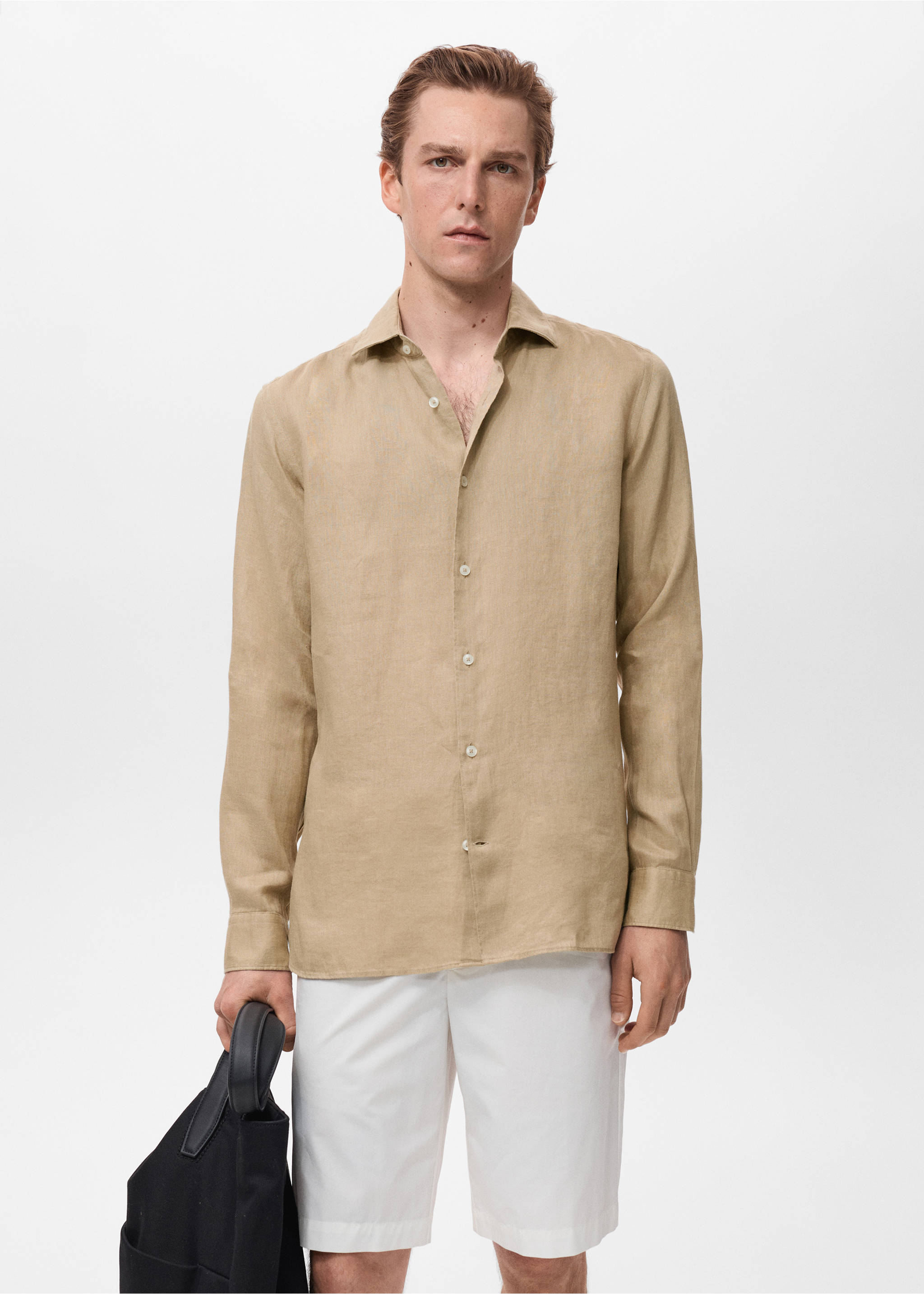 Camisa 100% lino slim fit - Plano medio, Beige. Ref: 17041248-00.