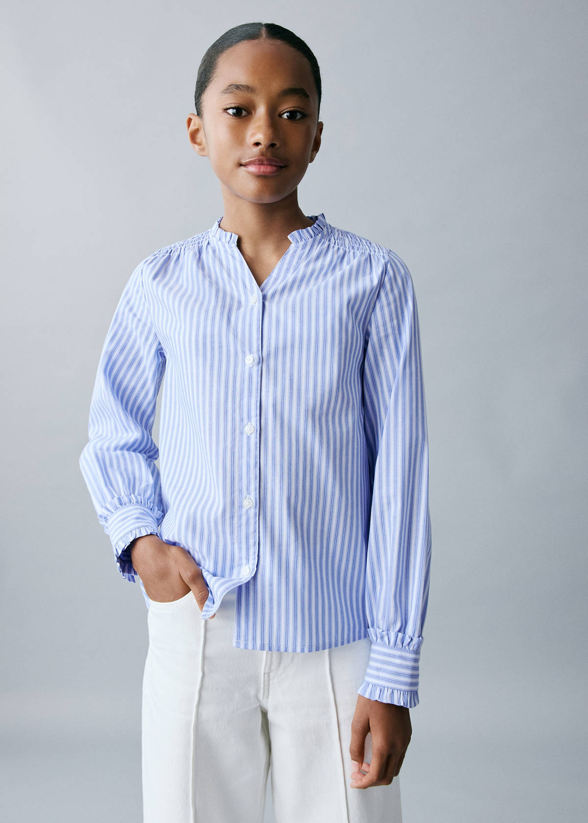 Striped shirt with pleated details — Blue