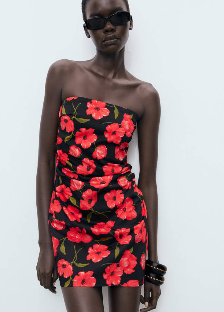 Strapless floral dress — Black