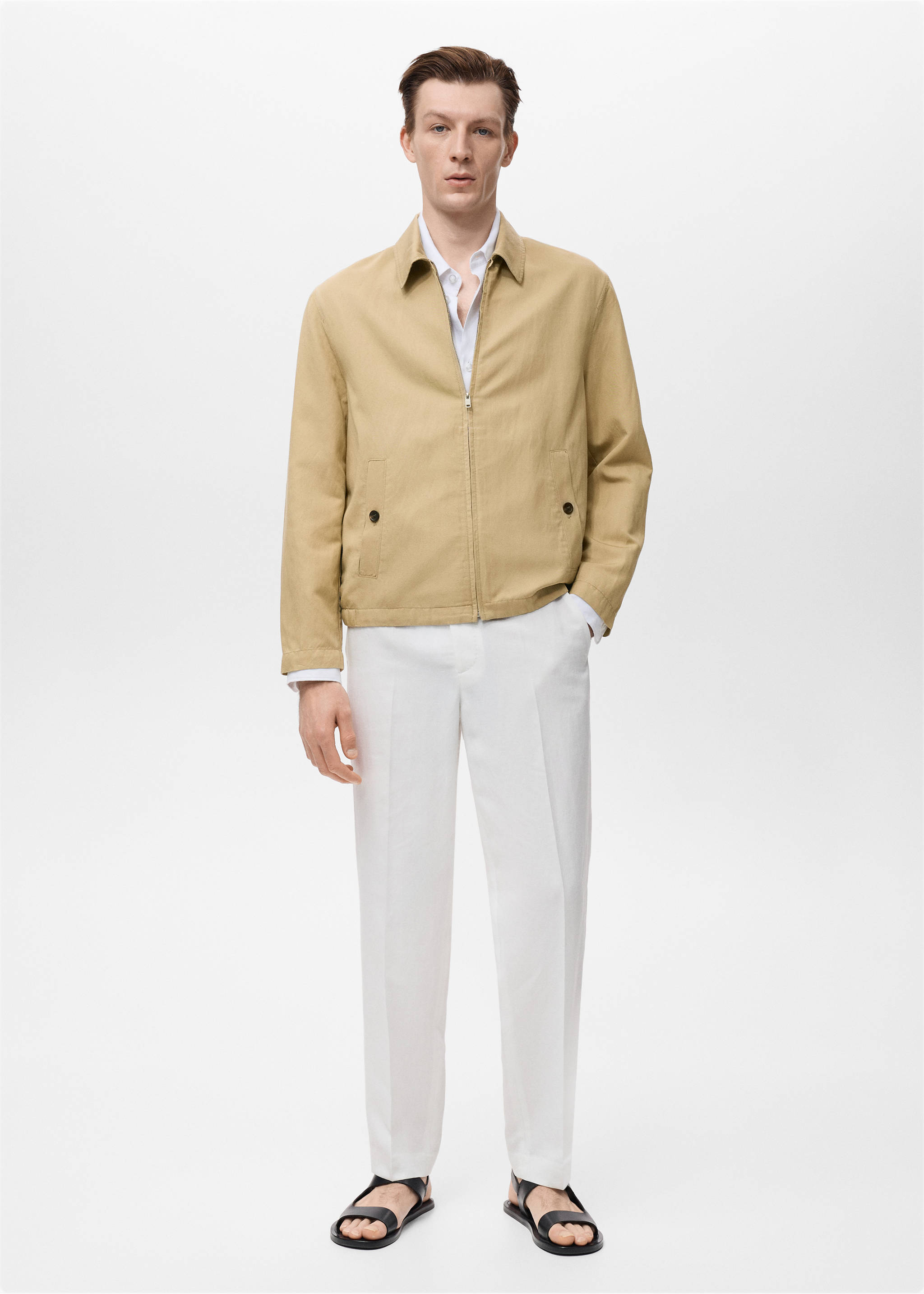 Chaqueta lino cremallera - Plano general, Beige. Ref: 17042893-00.