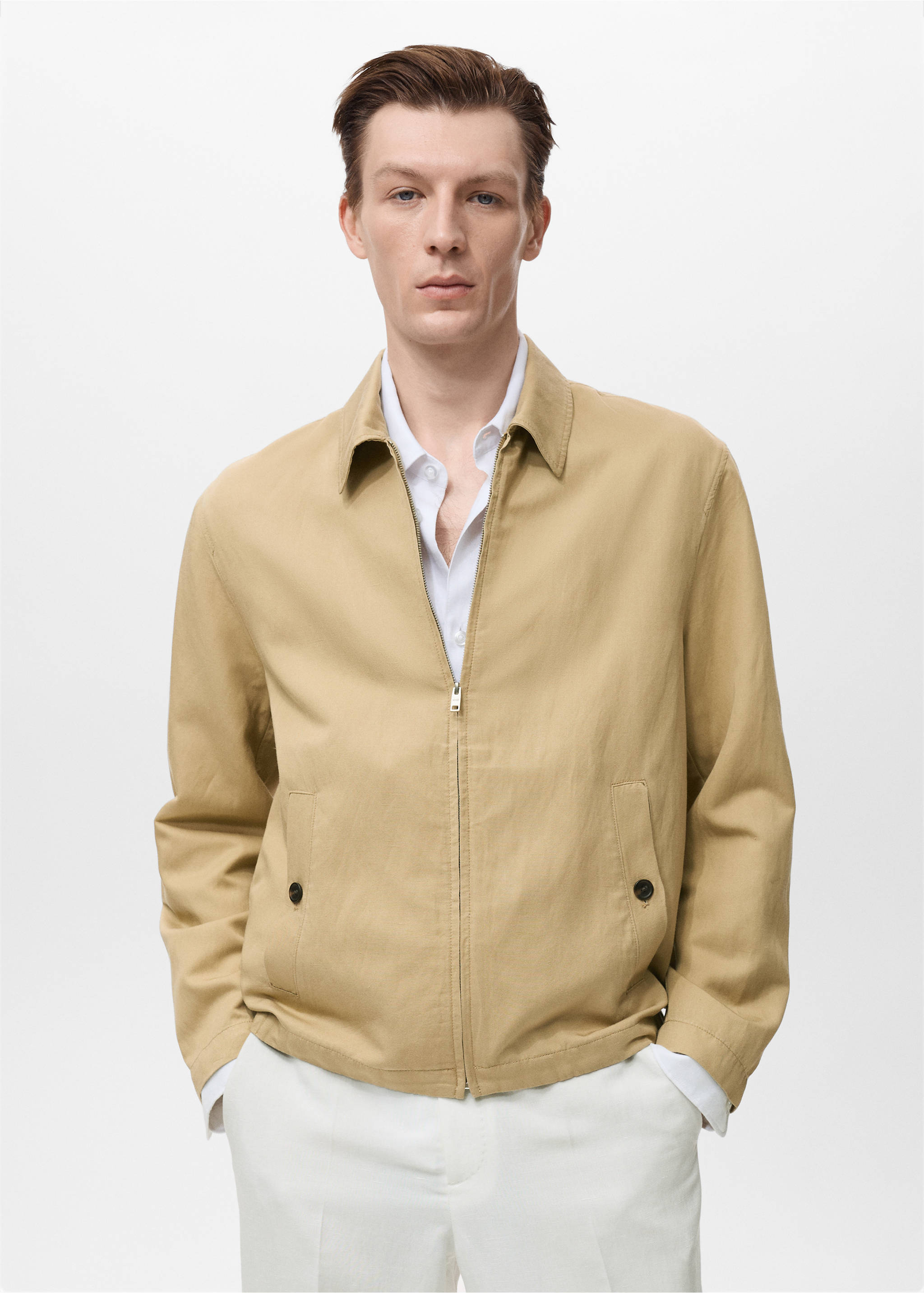 Chaqueta lino cremallera - Plano medio, Beige. Ref: 17042893-00.