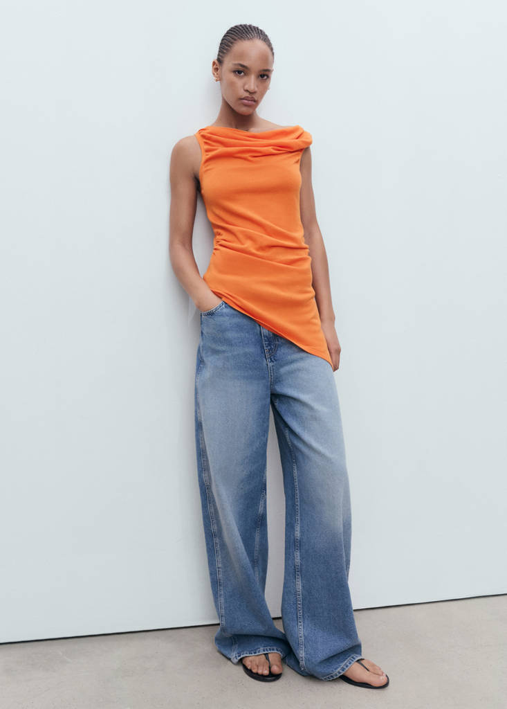 MANGO - Top en maille drapé orange - M