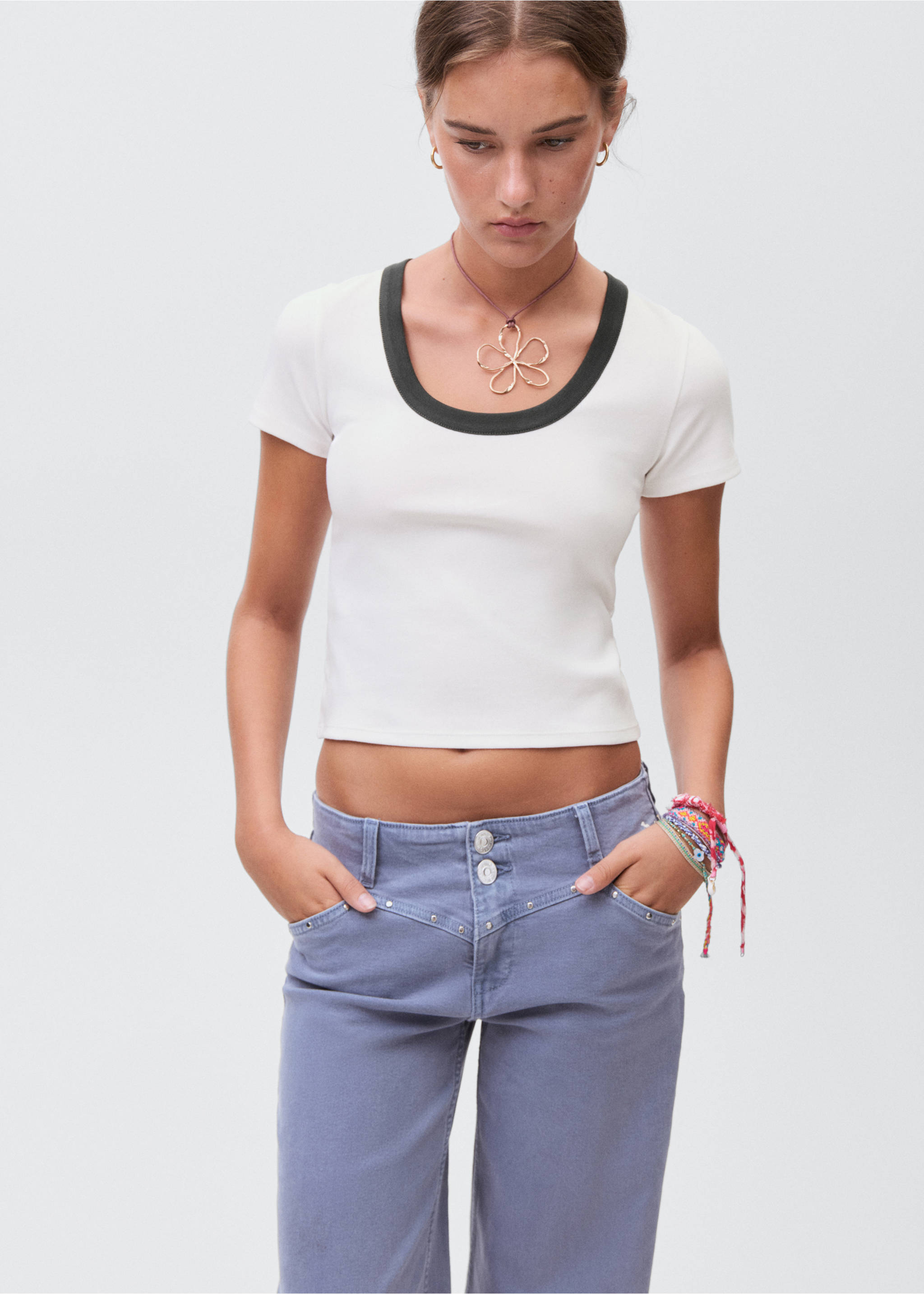 Contrasting collar cotton t-shirt - Medium plane, Off White. Ref: 17043335-00.