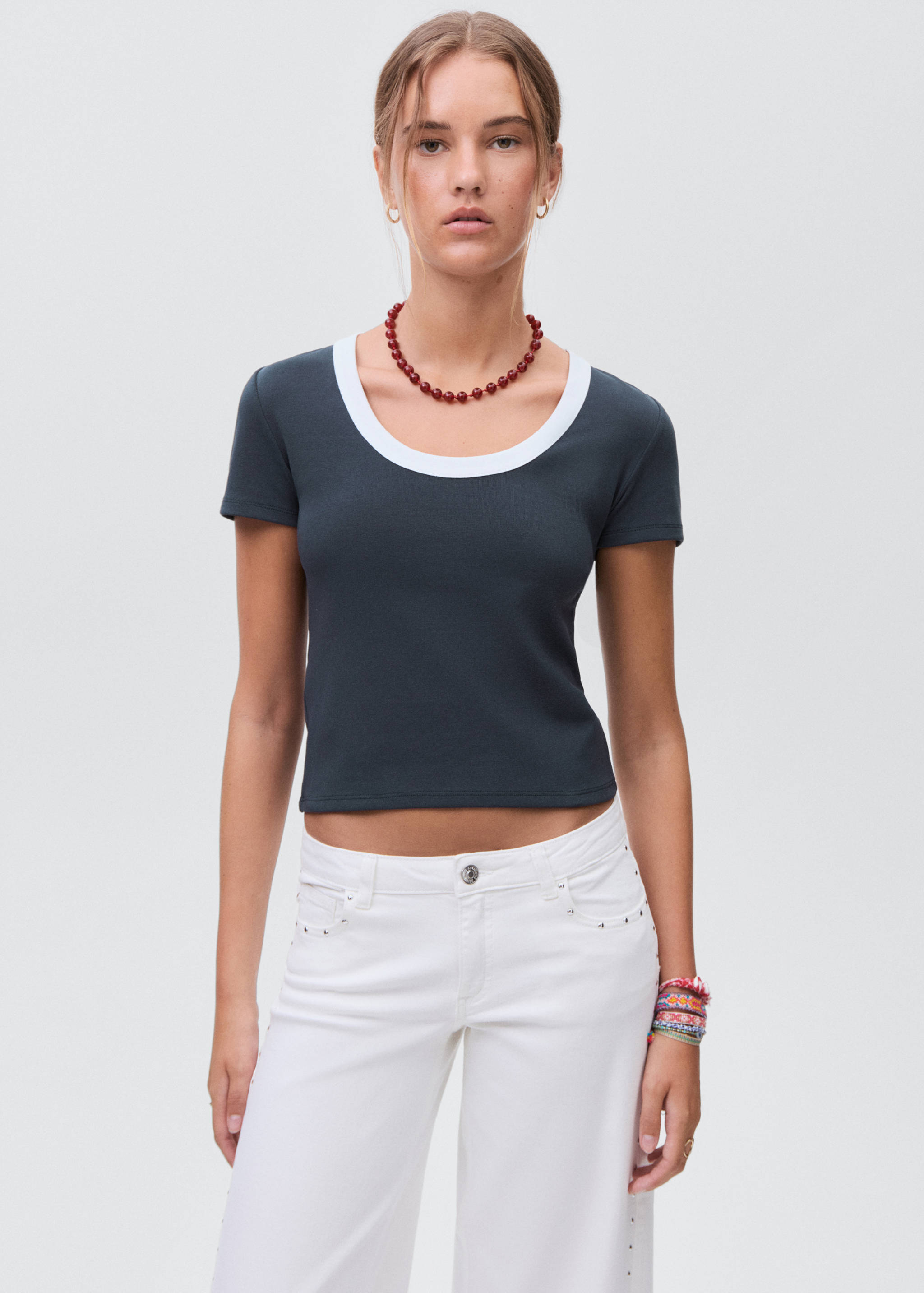 Contrasting collar cotton t-shirt - Medium plane