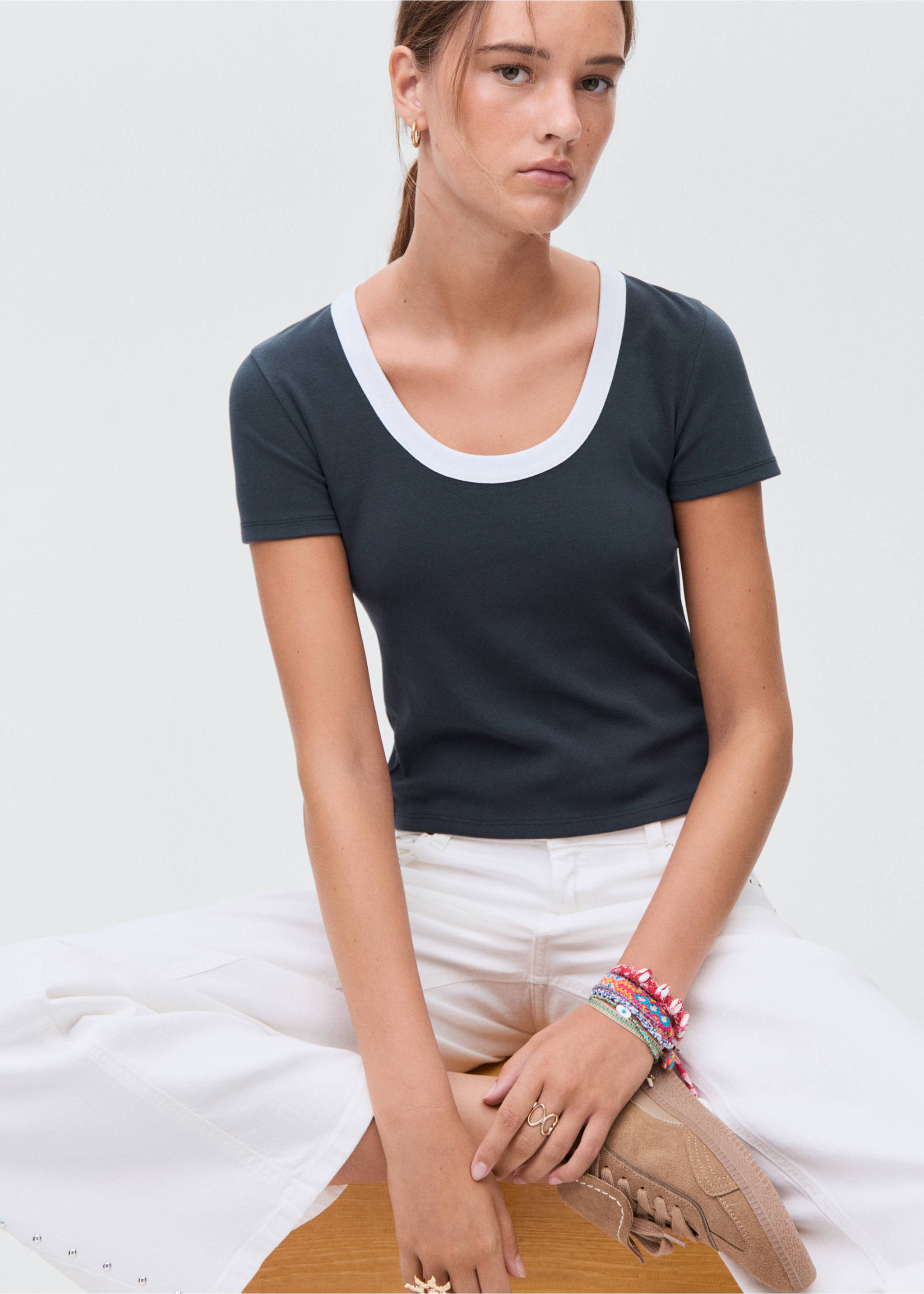 Contrasting collar cotton t-shirt - Details of the article 2, Navy. Ref: 17043335-00.