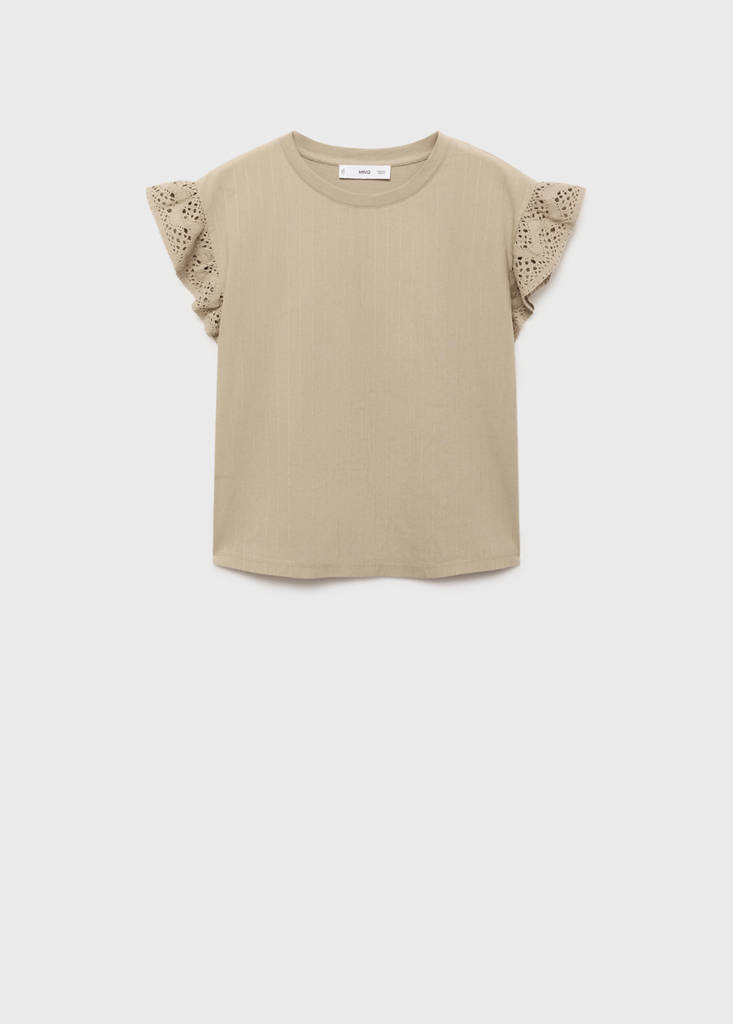 Short-sleeved t-shirt with ruffled English embroidery detail — Medium Brown