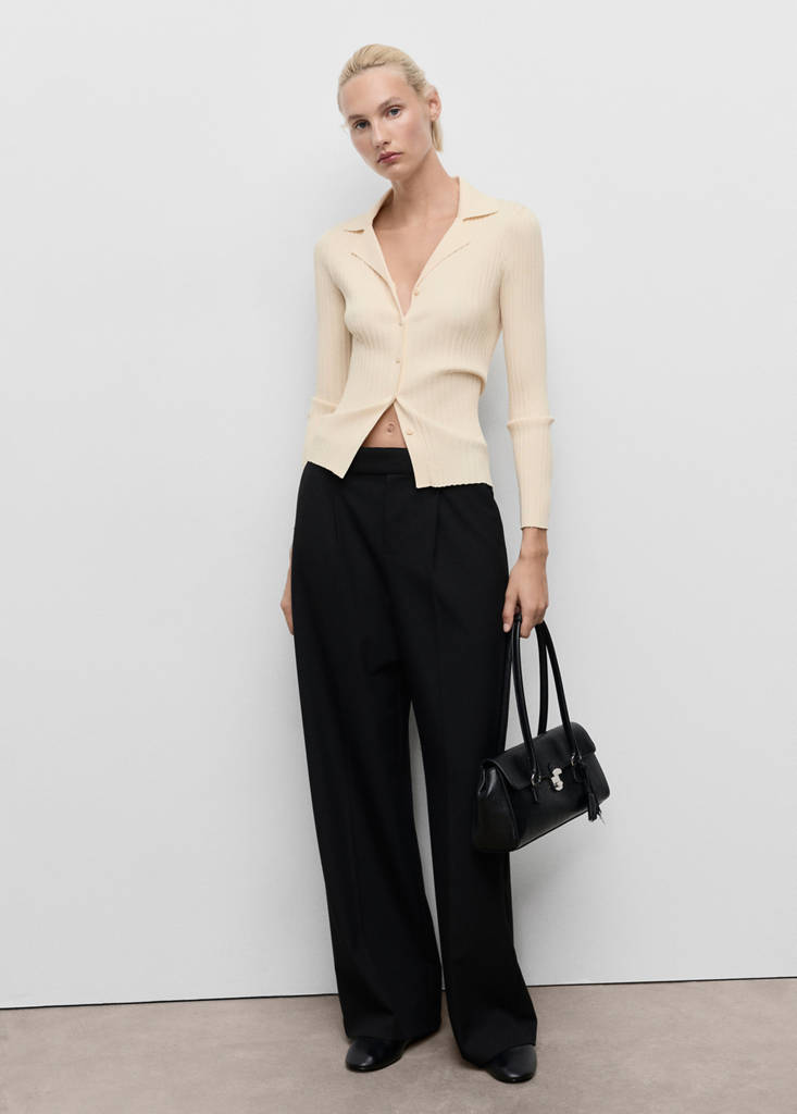 Ribbed lapel cardigan — Ecru