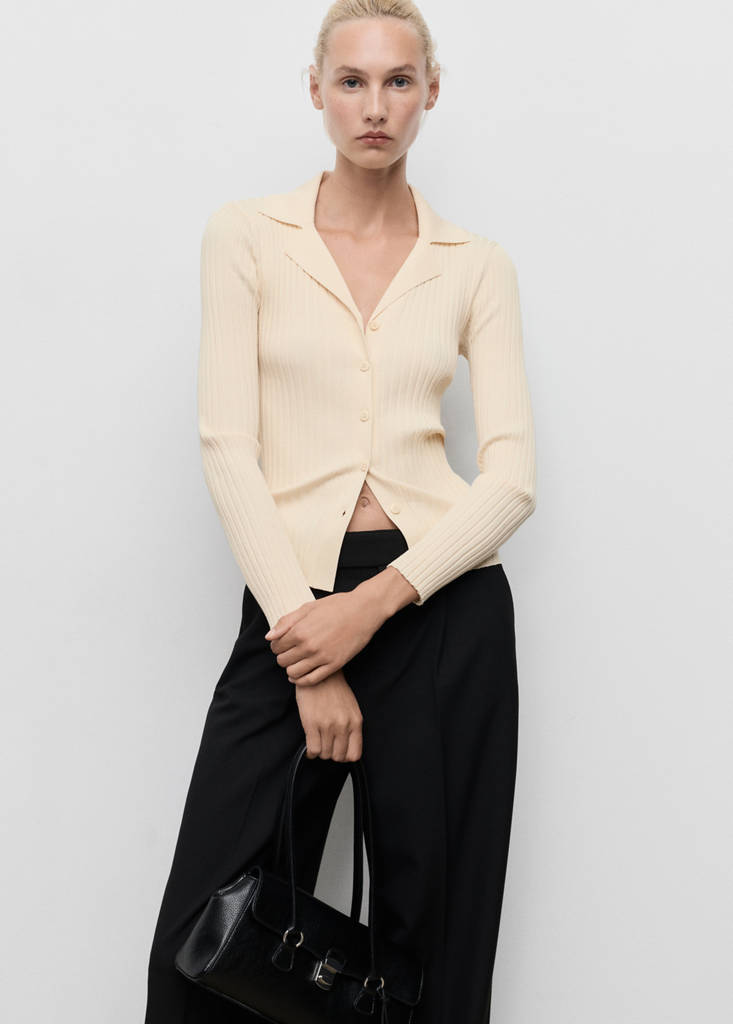 Ribbed lapel cardigan — Ecru