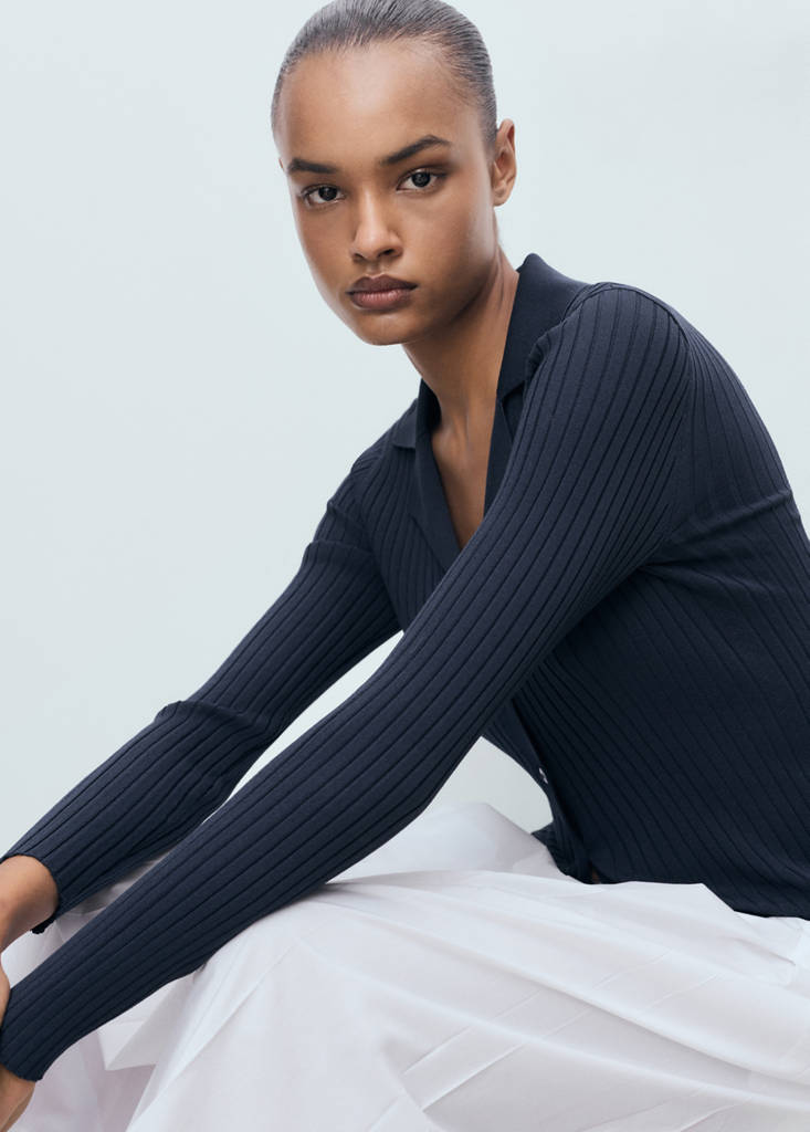 Ribbed lapel cardigan — Dark Navy
