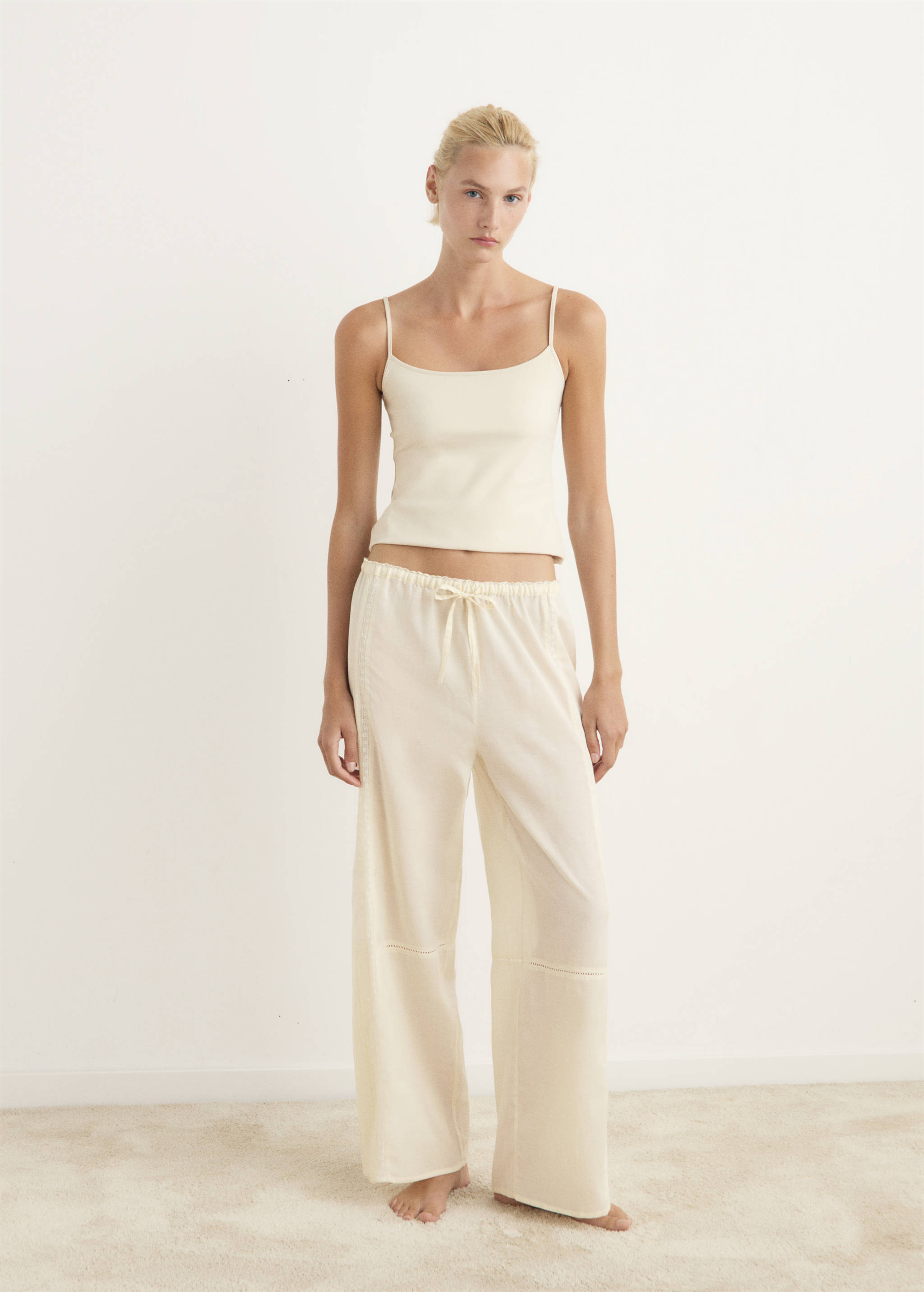 Cotton lace pyjama trousers with drawstring - General plane