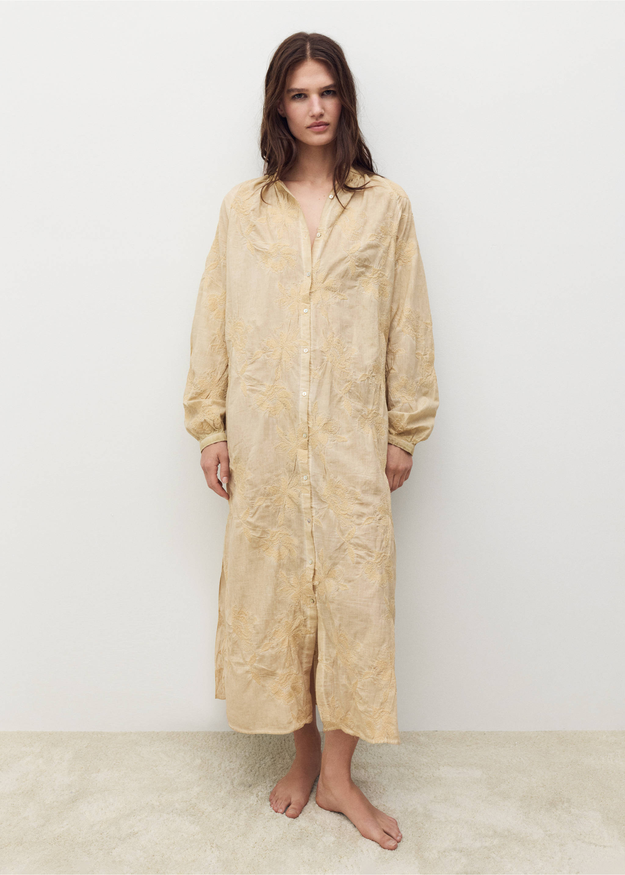 Overdyed embroidered cotton nightdress - General plane, Light/Pastel Brown. Ref: 17044109-00.