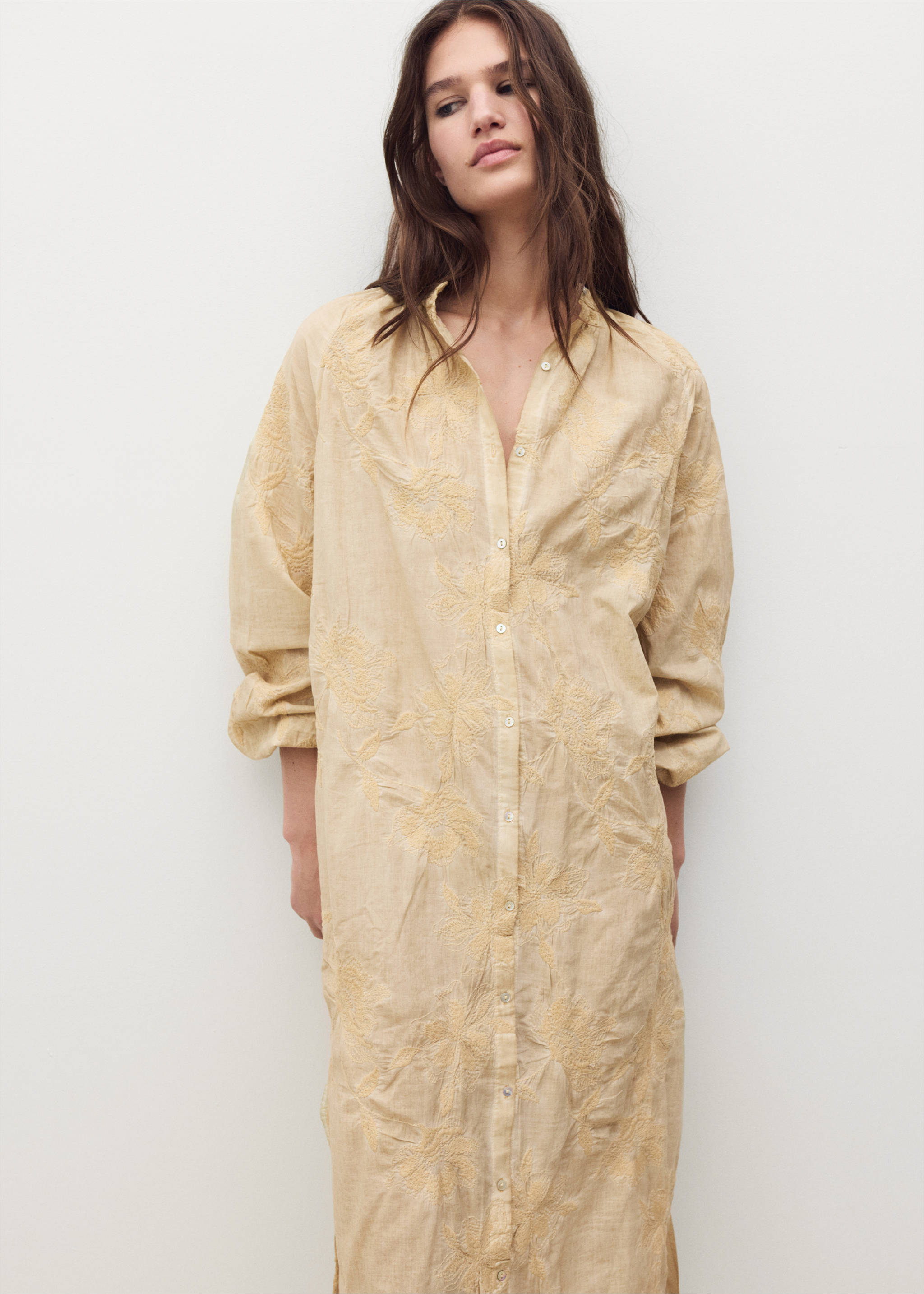 Overdyed embroidered cotton nightdress - Medium plane, Light/Pastel Brown. Ref: 17044109-00.