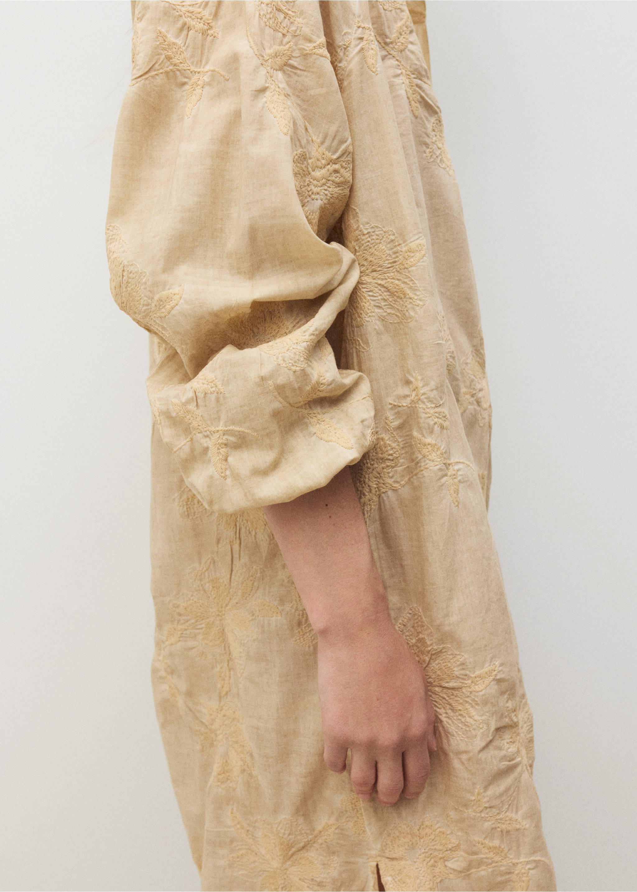 Overdyed embroidered cotton nightdress - Details of the article 1, Light/Pastel Brown. Ref: 17044109-00.