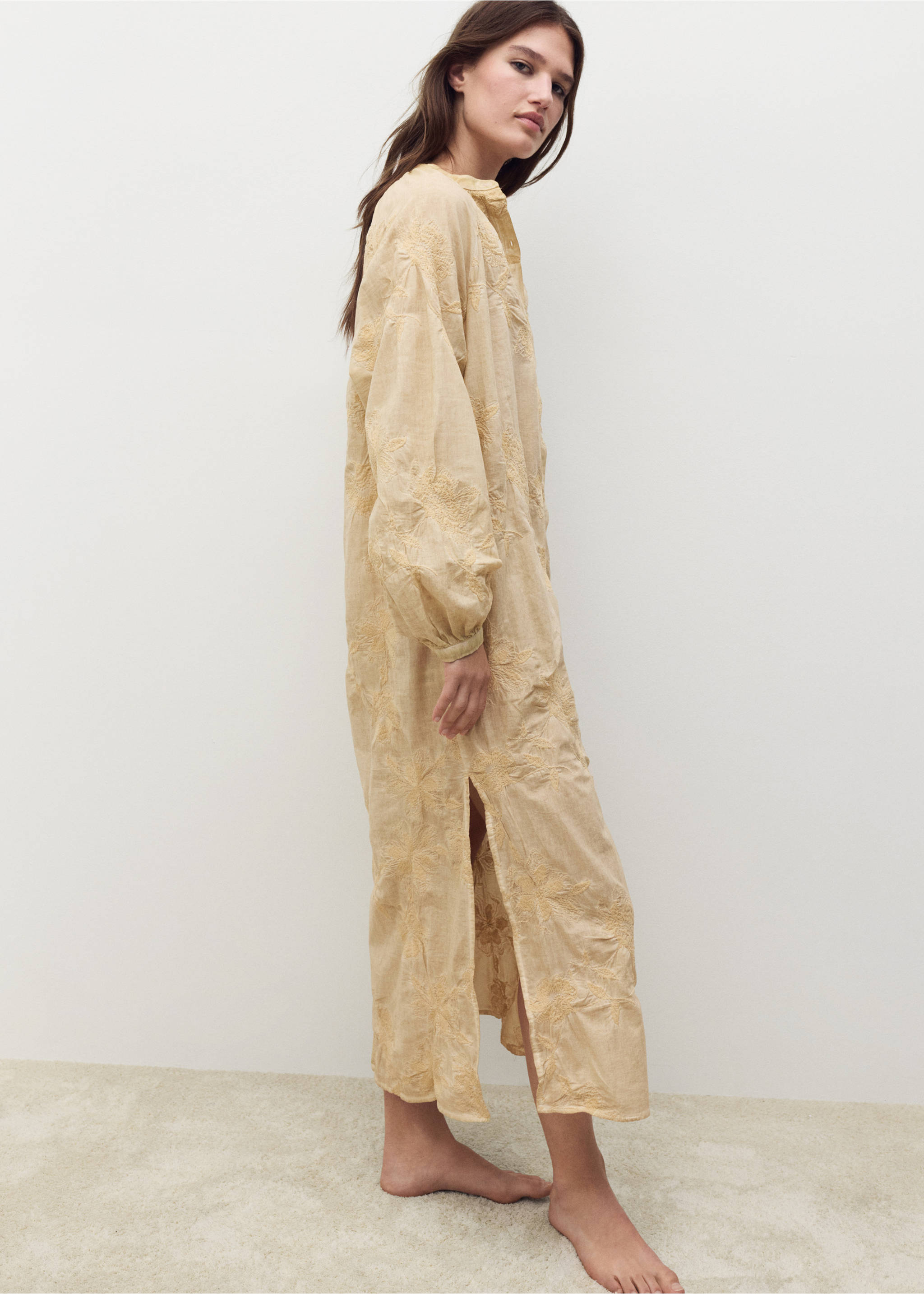Overdyed embroidered cotton nightdress - Details of the article 2, Light/Pastel Brown. Ref: 17044109-00.