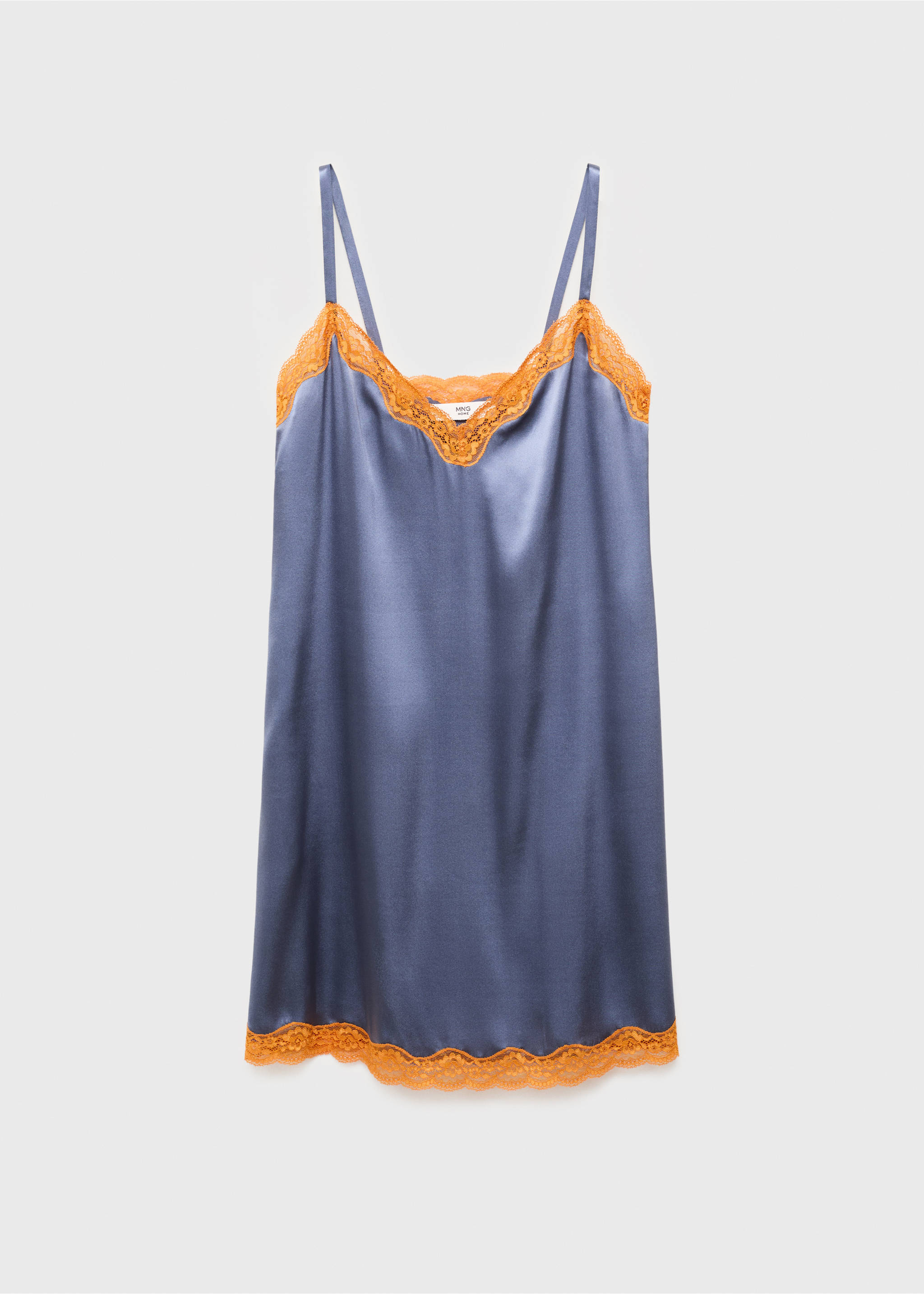 قميص نوم حرير بتفاصيل دانتيل بلون متباين - منتج دون نموذج, أزرق بلون الحبر. Ref: 17044112-00.