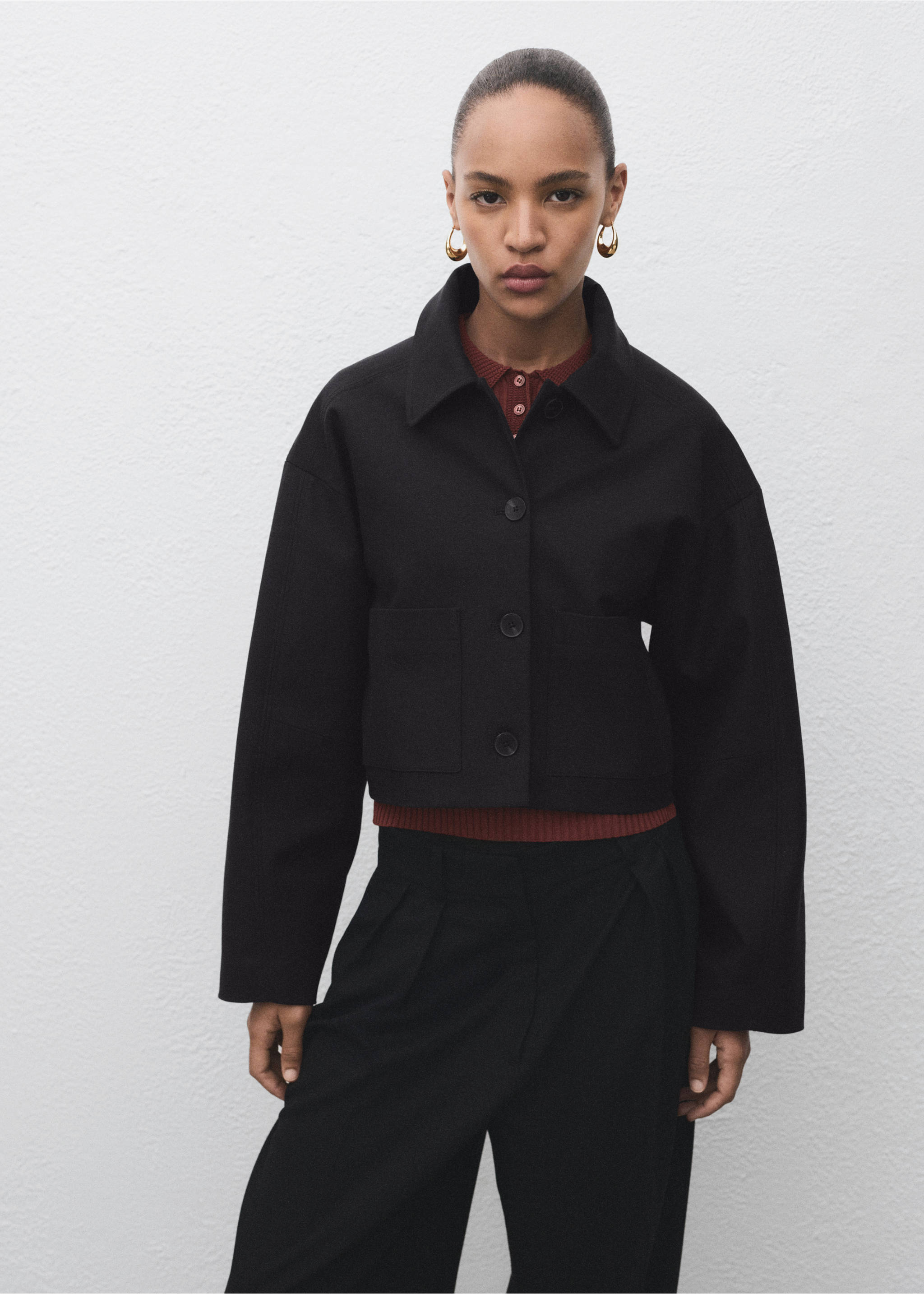Veste crop poches - Plan moyen, Noir. Ref: 17044119-00.
