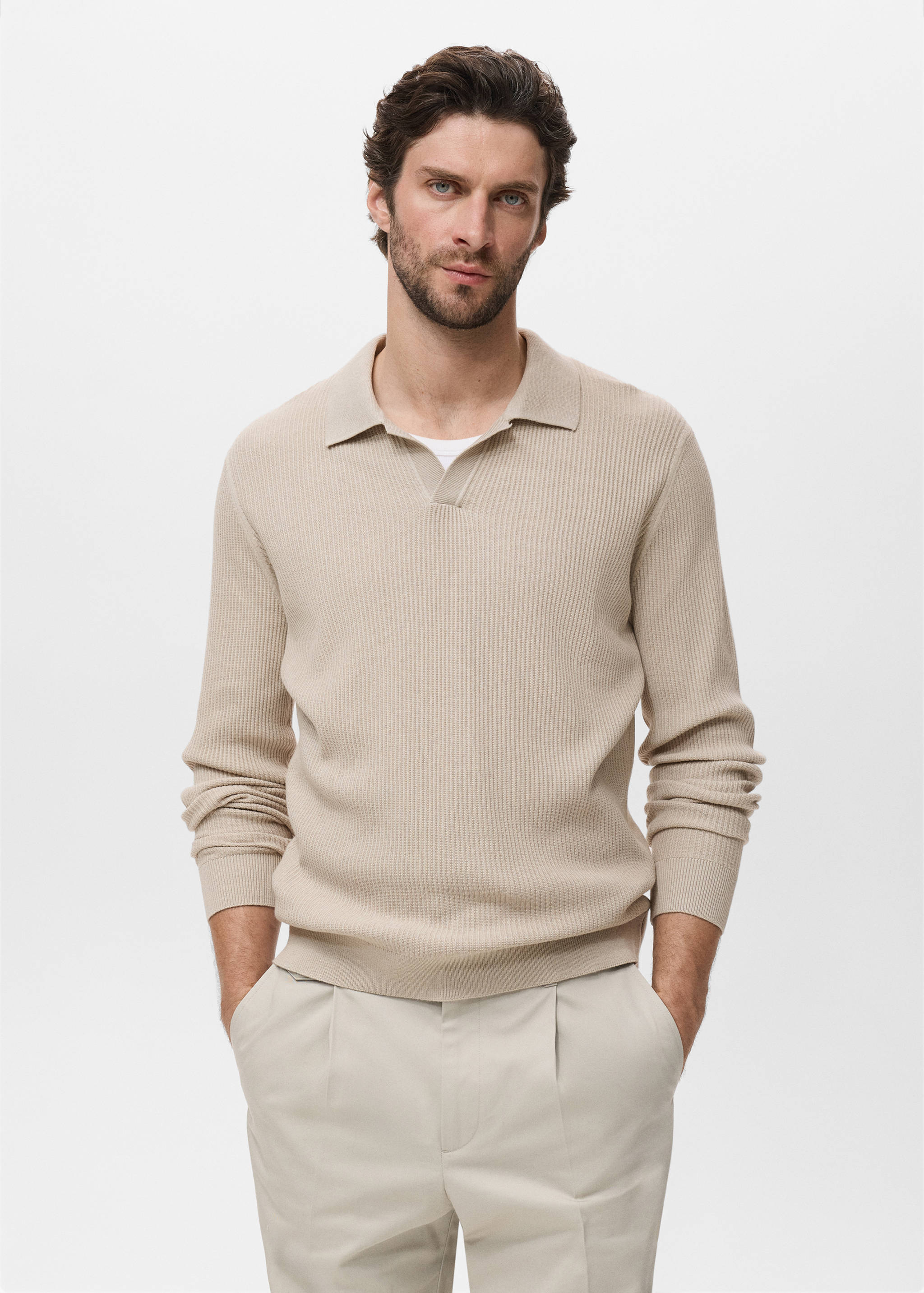 Cotton-blend ribbed polo sweater - Medium plane