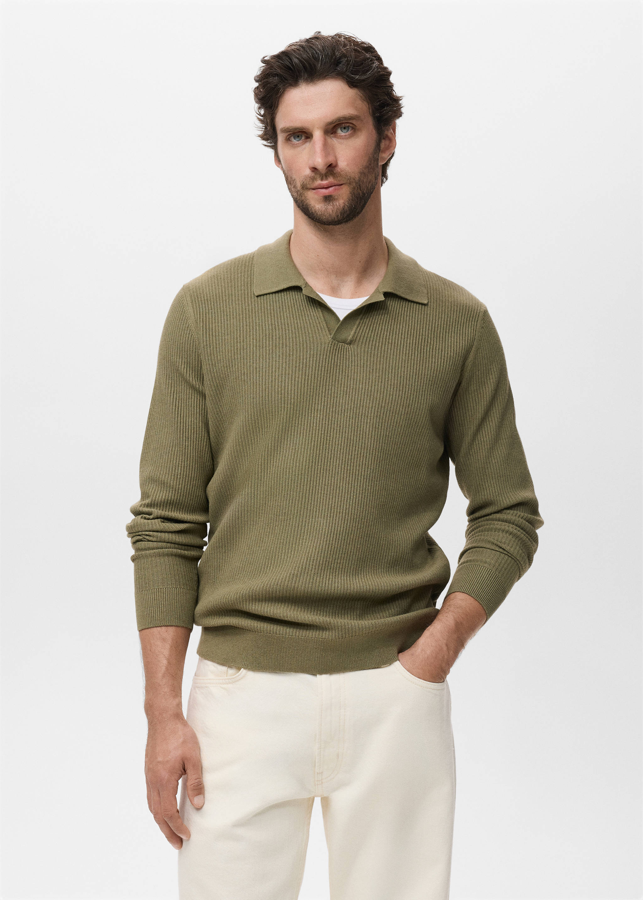 Cotton-blend ribbed polo sweater - Medium plane
