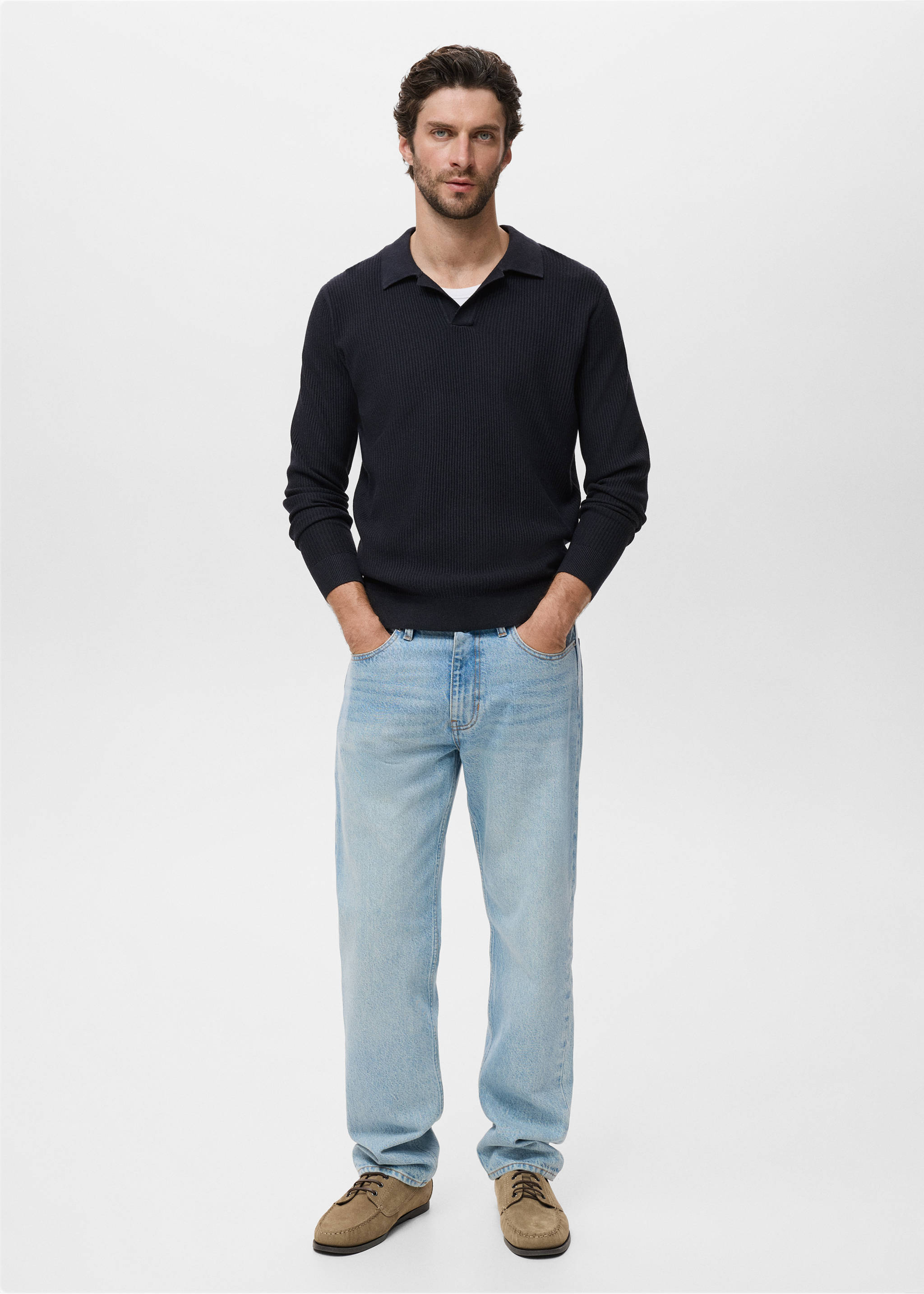 Cotton-blend ribbed polo sweater - General plane, Navy. Ref: 17044428-00.