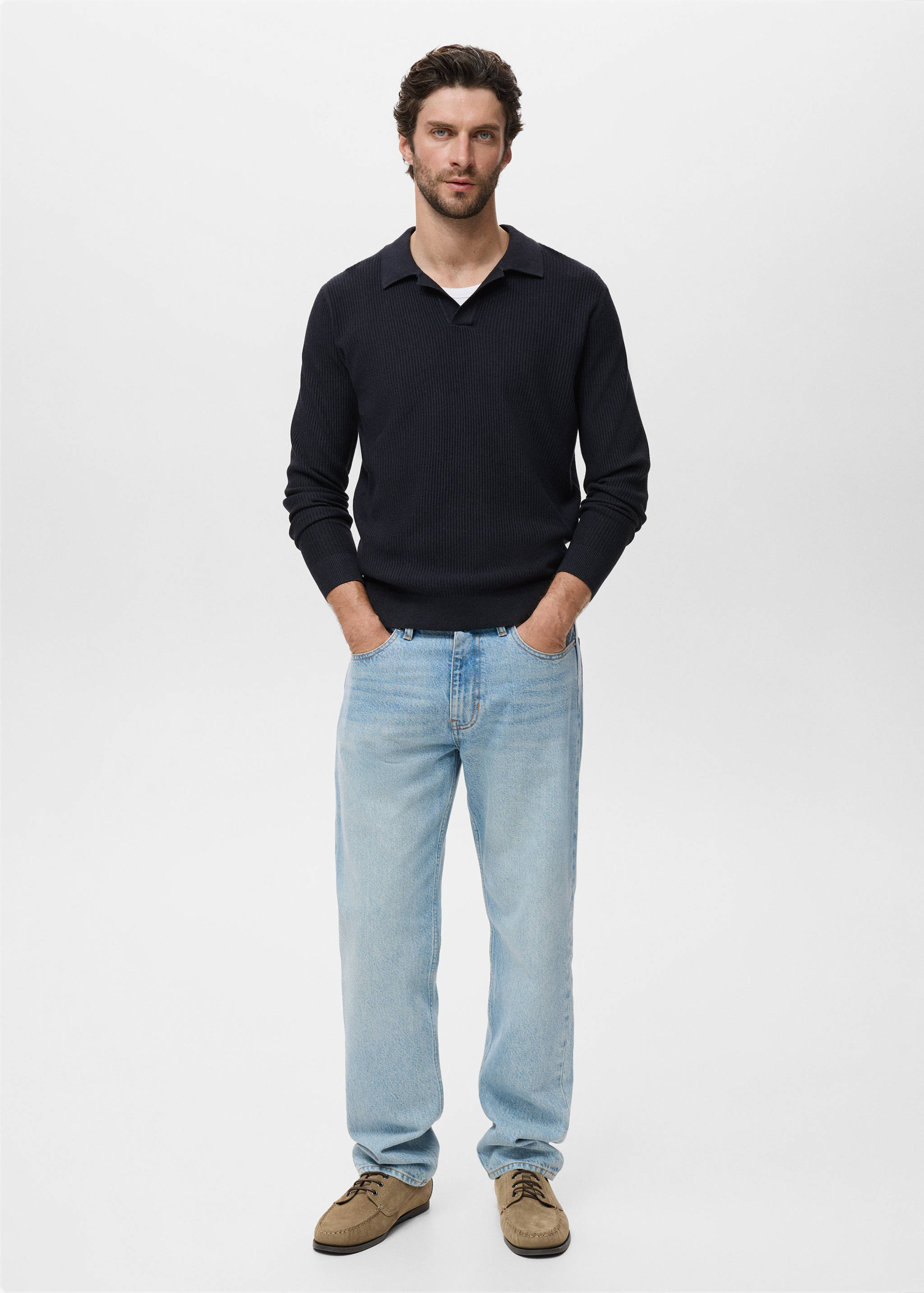 Cotton-blend ribbed polo sweater - General plane