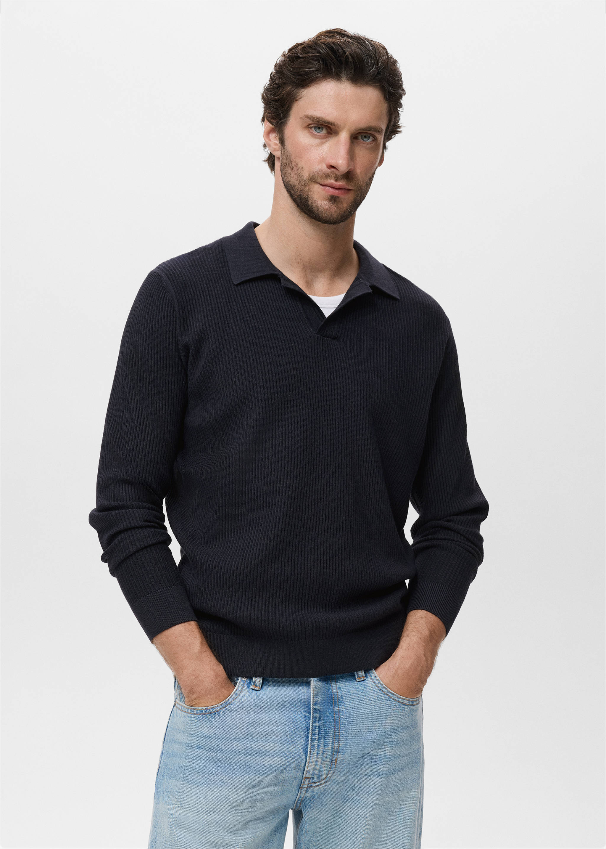 Cotton-blend ribbed polo sweater - Medium plane, Navy. Ref: 17044428-00.