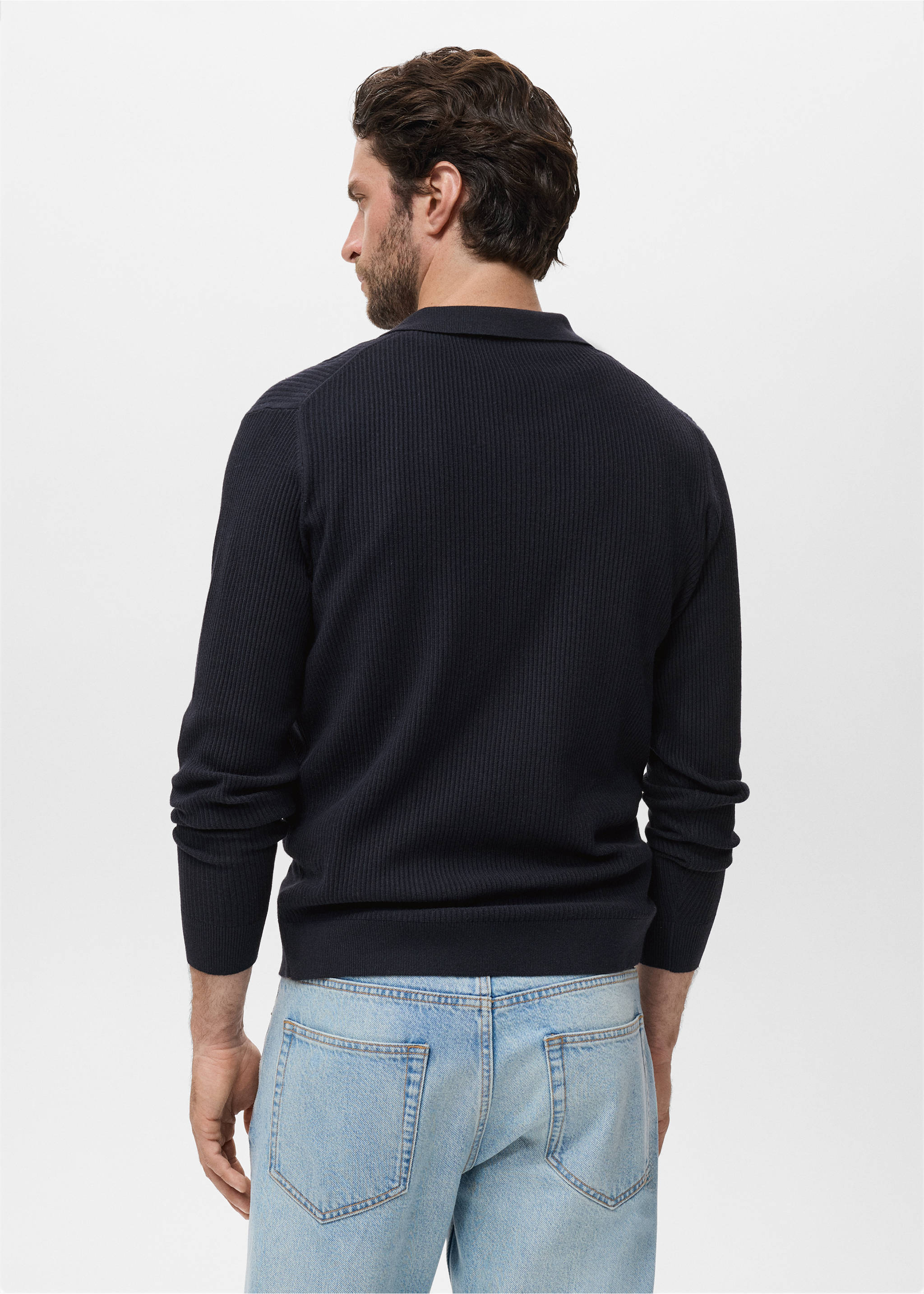 Cotton-blend ribbed polo sweater - Reverse of the article, Navy. Ref: 17044428-00.
