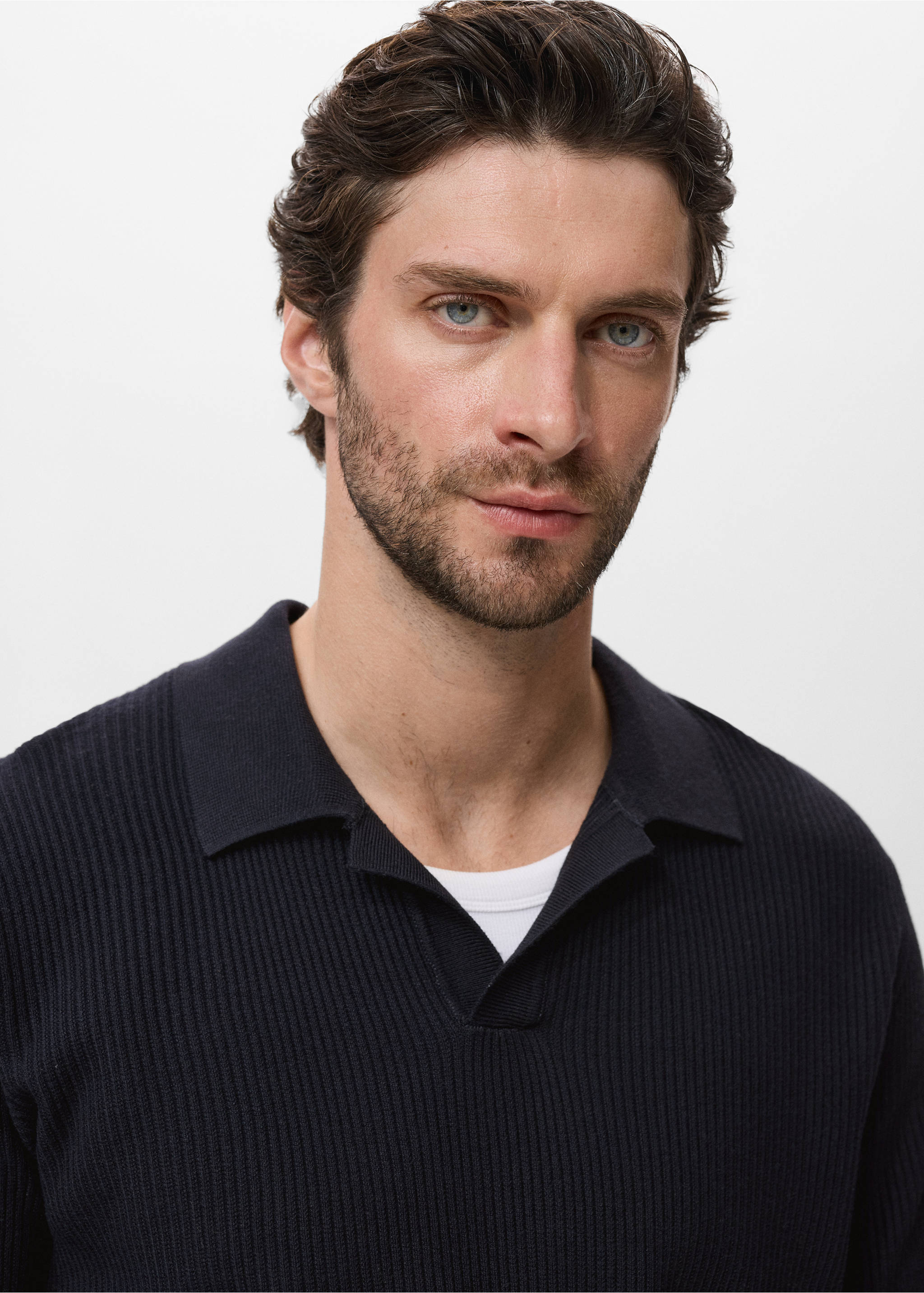 Cotton-blend ribbed polo sweater - Details of the article 1, Navy. Ref: 17044428-00.