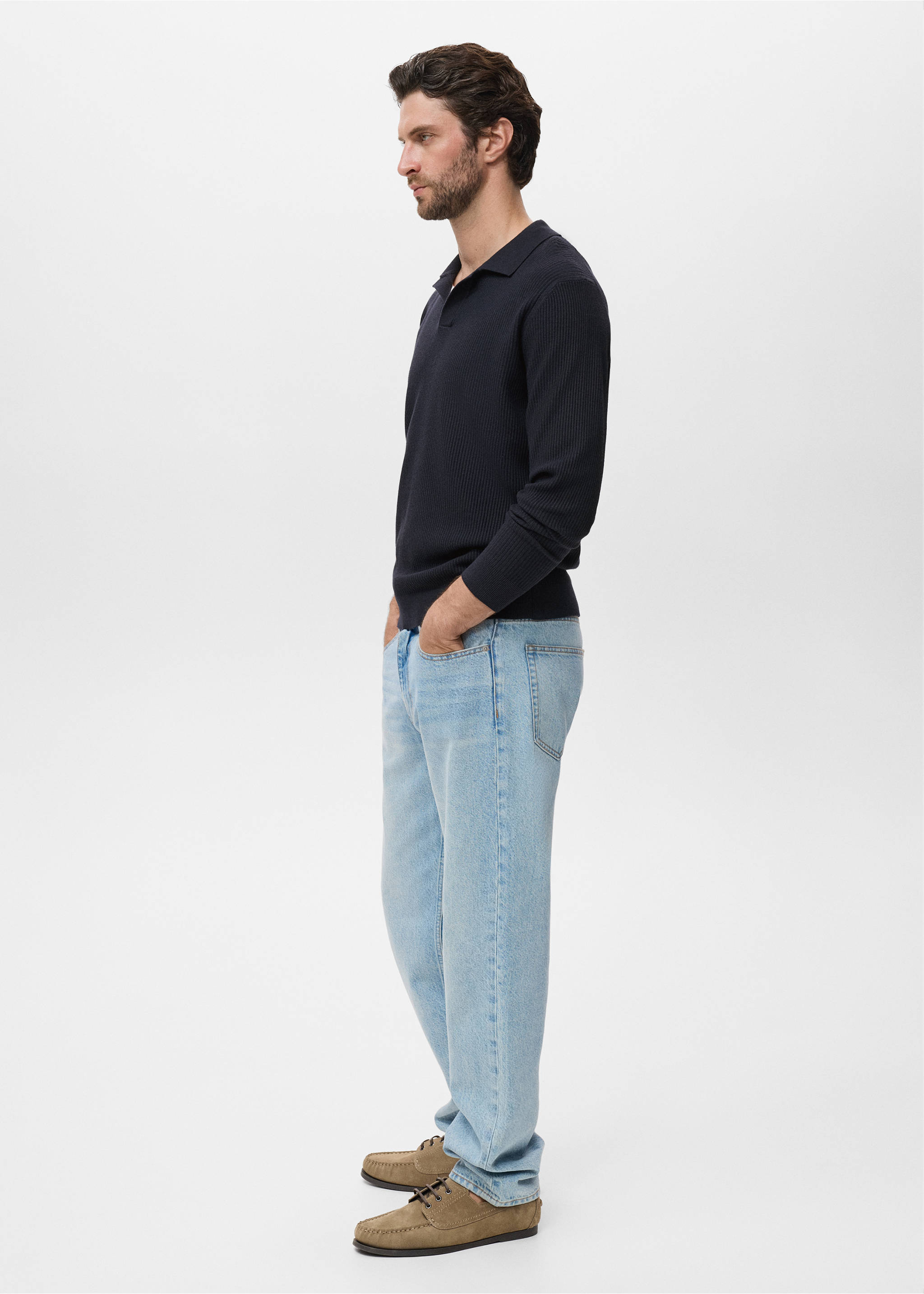 Cotton-blend ribbed polo sweater - Details of the article 2, Navy. Ref: 17044428-00.