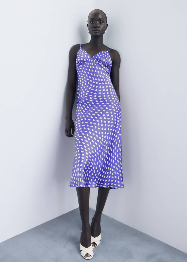 MANGO - Robe satinée pois bleu - S