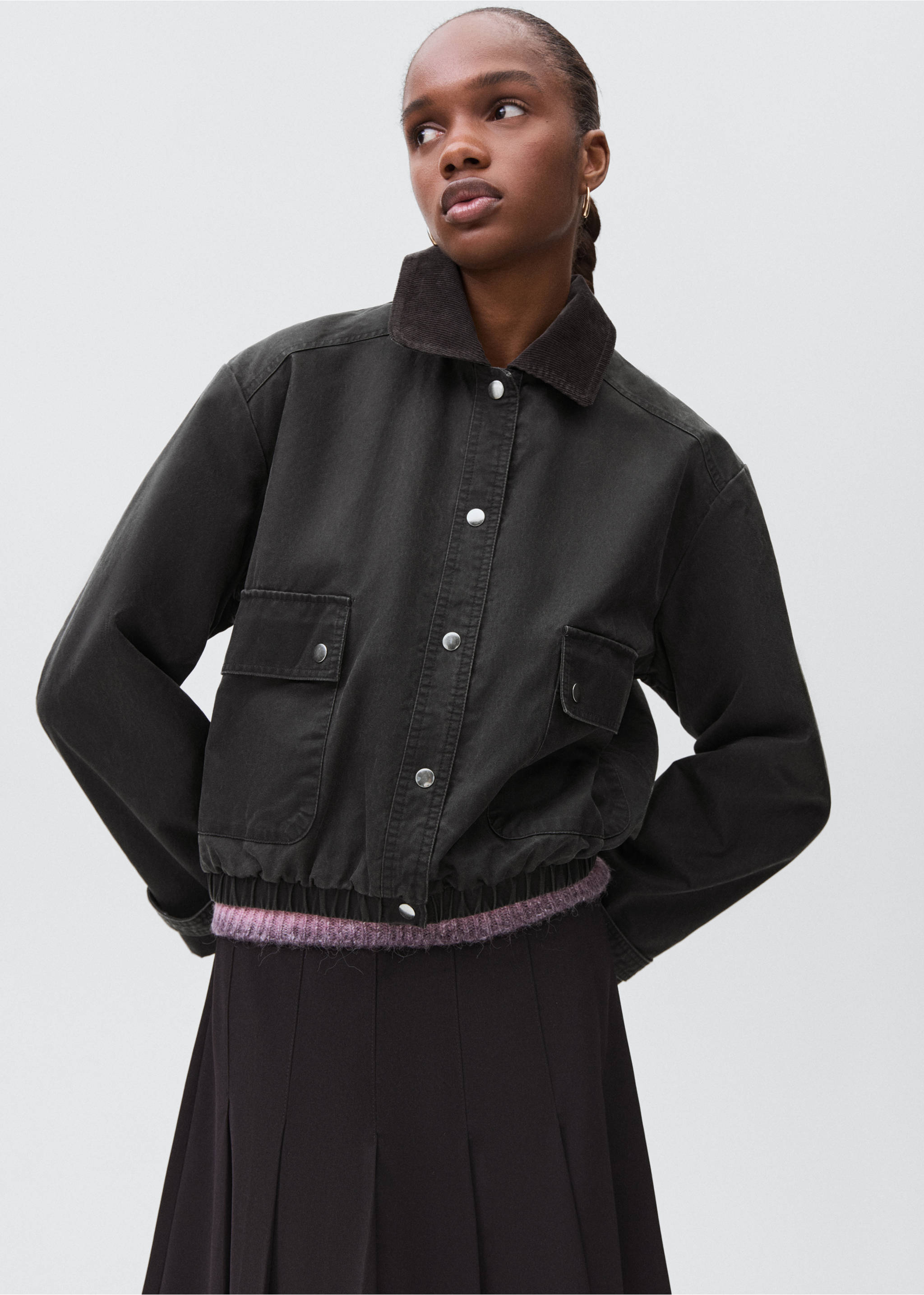 Cazadora bomber cuello camisero - Plano medio, Gris antracita. Ref: 17045141-00.