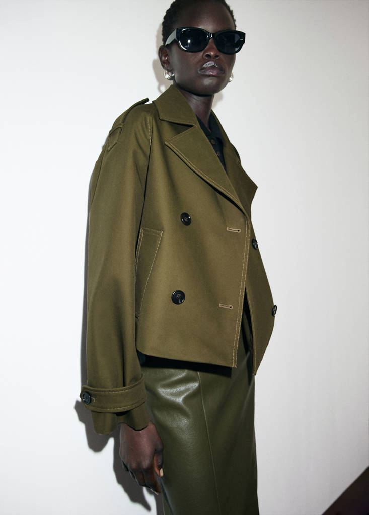 Oversized short double-breasted trench coat — Khaki