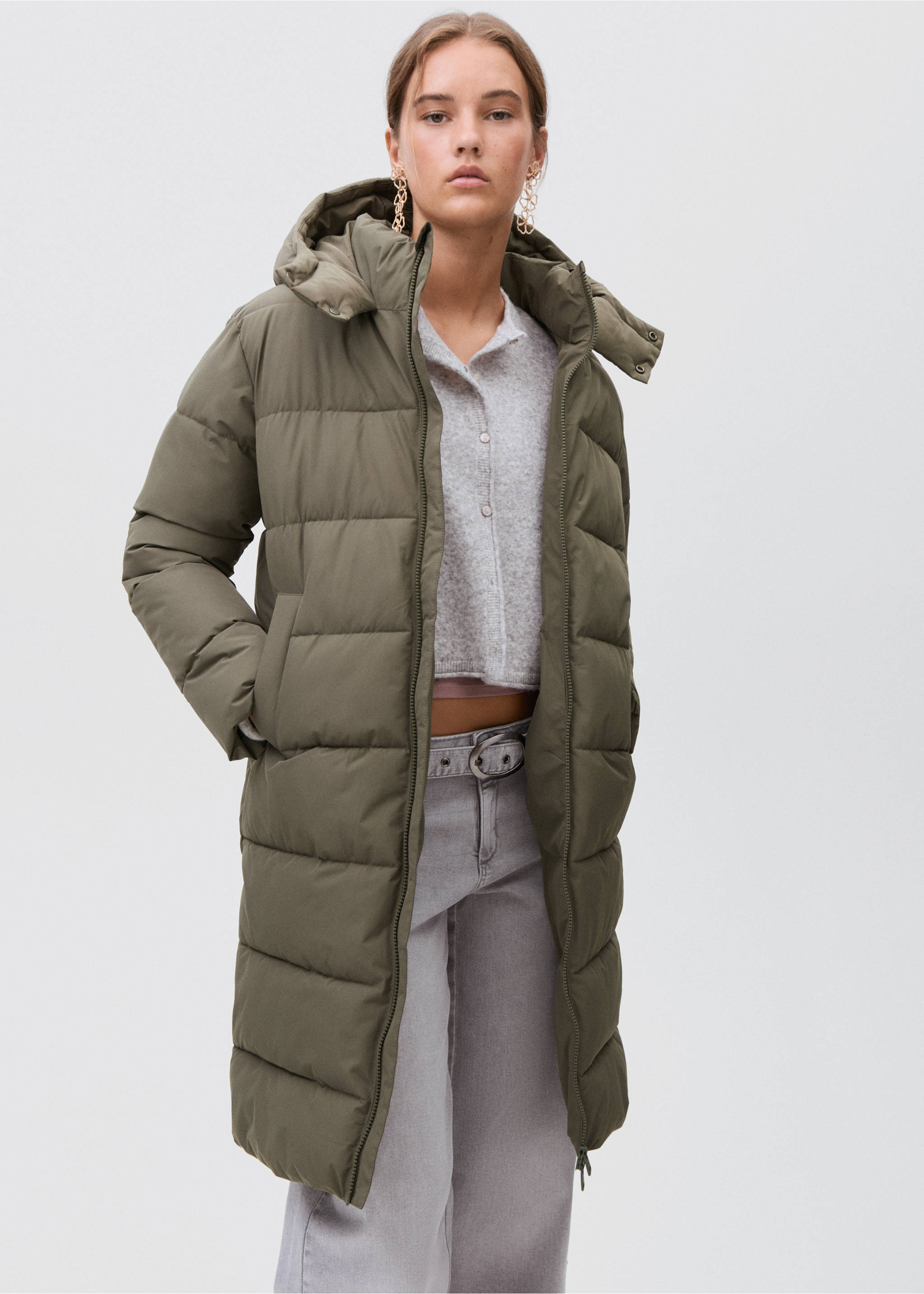 Quilted long coat - Medium plane, Khaki. Ref: 17045784-00.