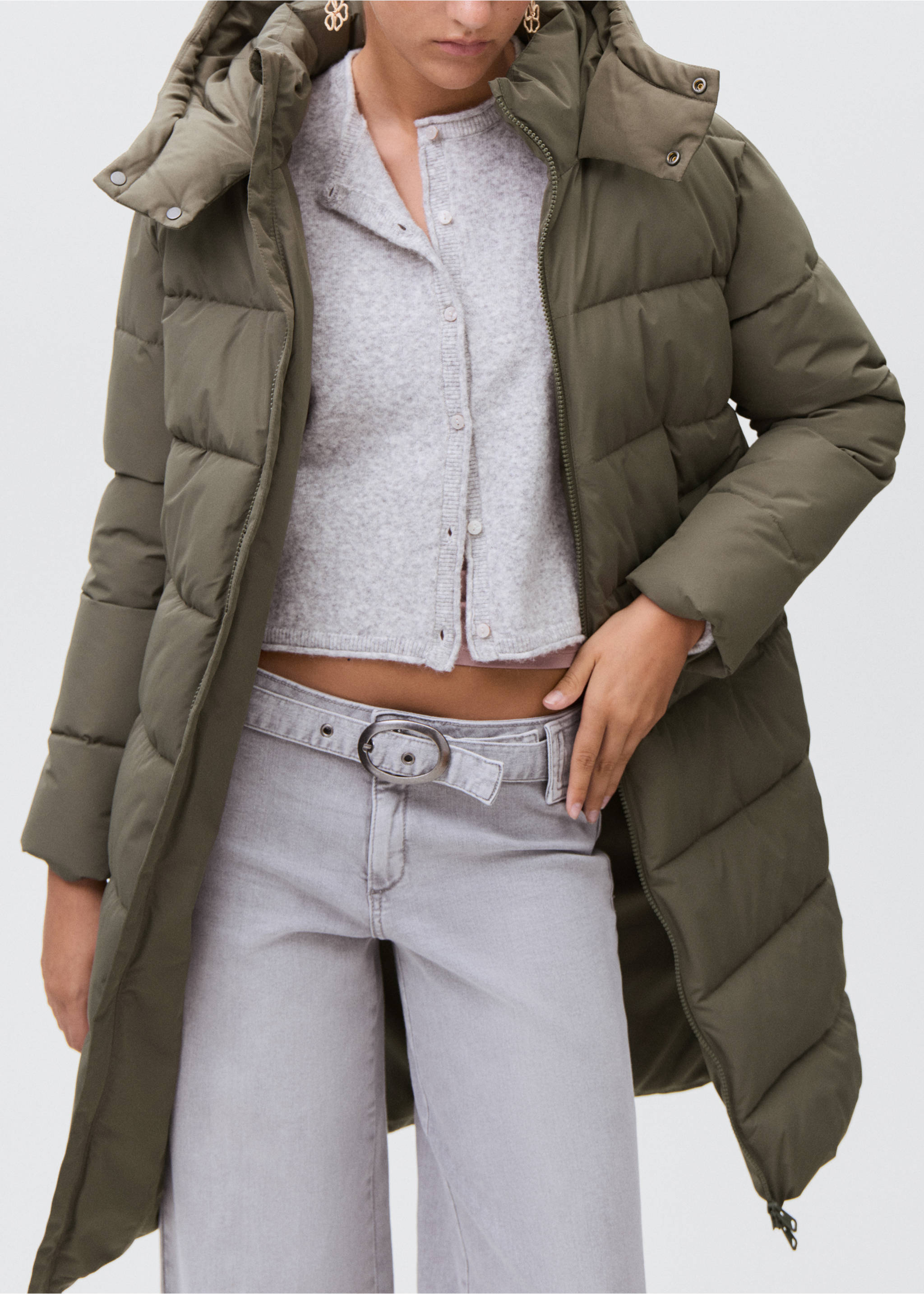 Quilted long coat - Details of the article 6, Khaki. Ref: 17045784-00.