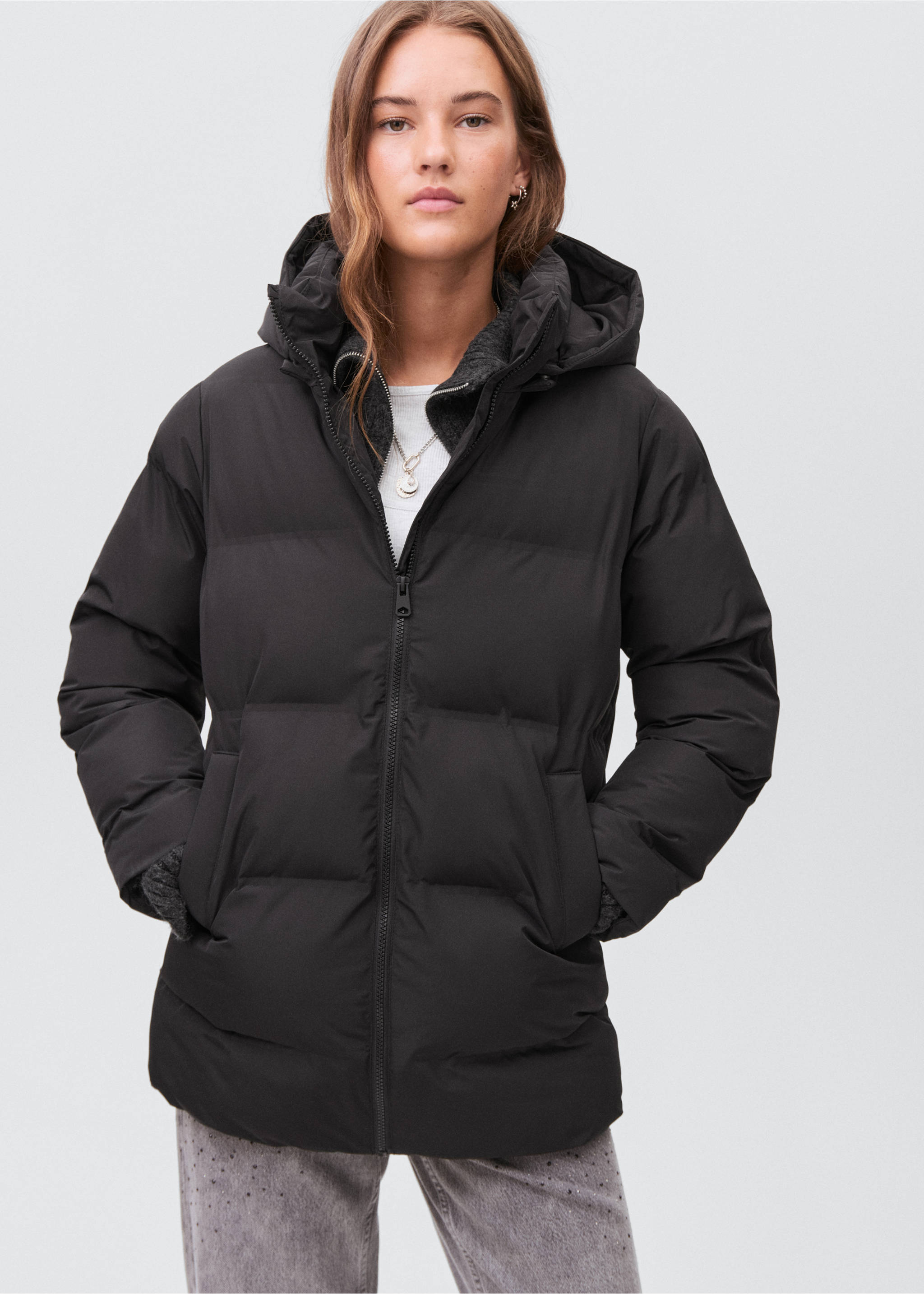 Quilted long coat - Medium plane, Black. Ref: 17045786-00.