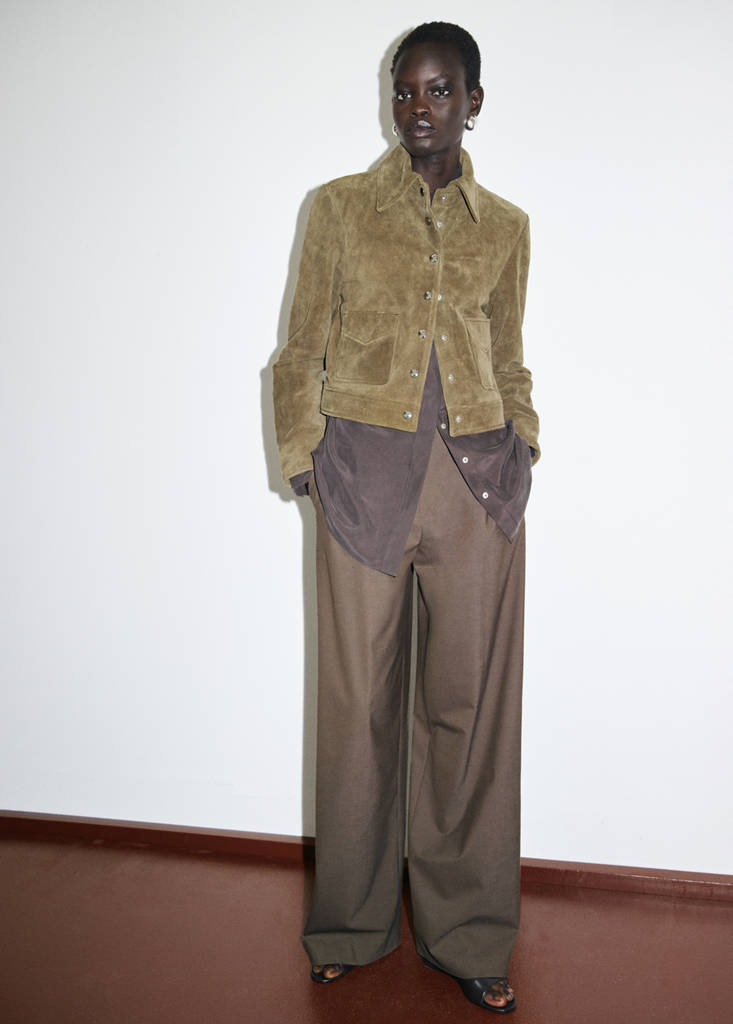 MANGO - Veste en cuir fermeture par boutons kaki - S