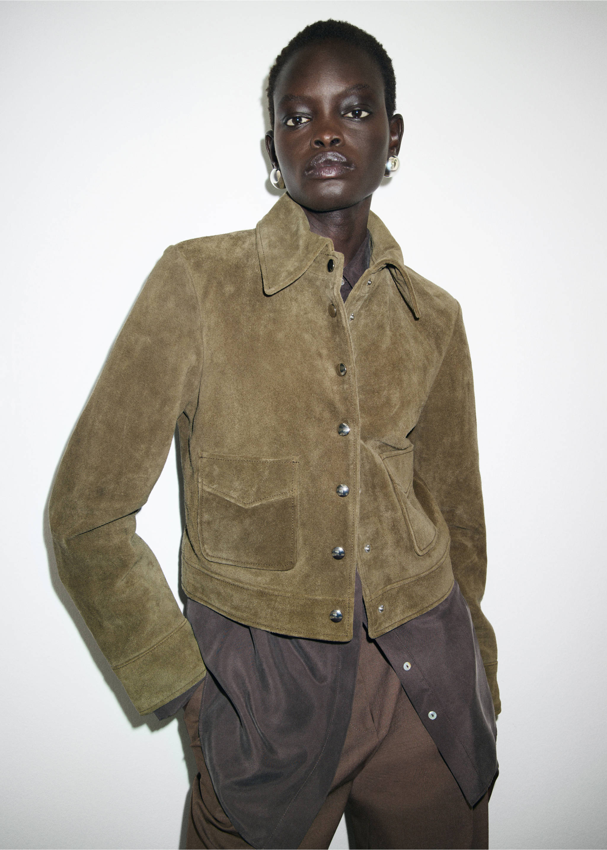 Suede leather jacket with buttons - Medium plane, Khaki. Ref: 17045788-00.