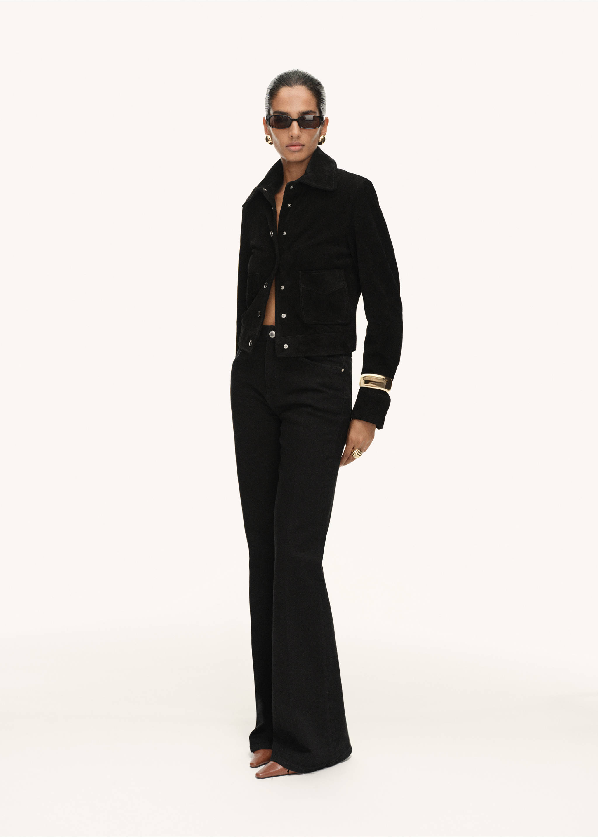 Chaqueta piel serraje botones - Plano general, Negro. Ref: 17045788-00.